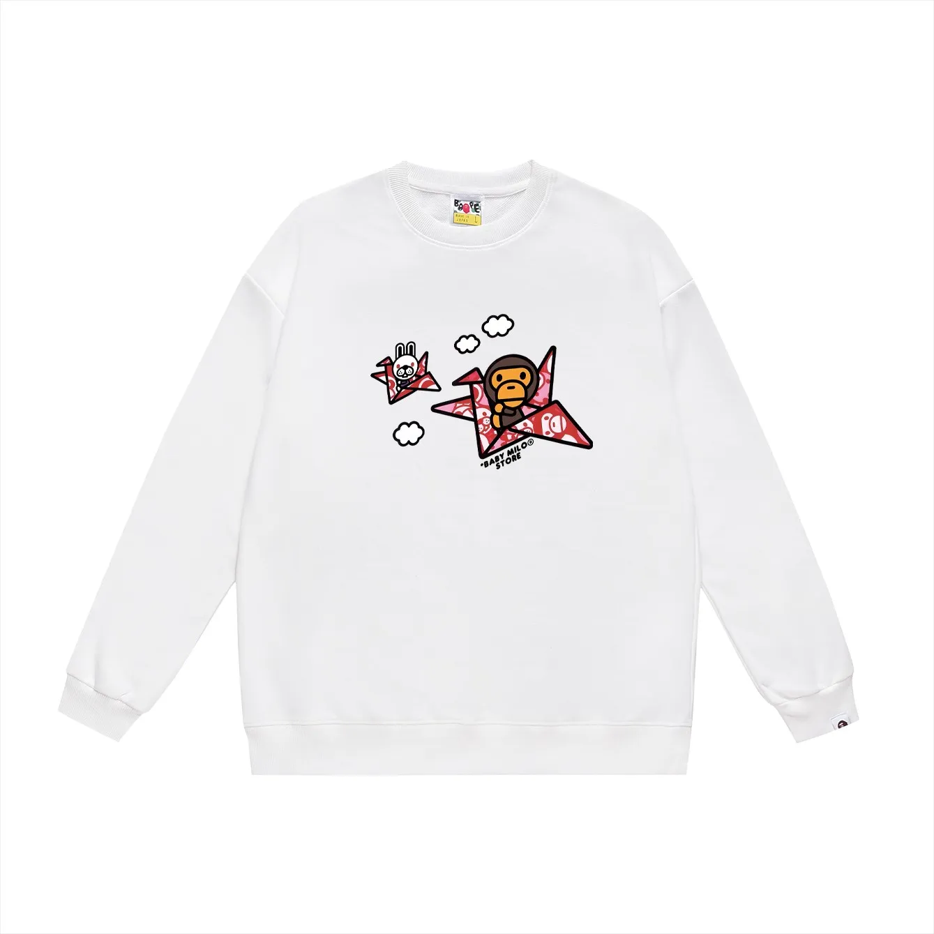 P150 model number SC493# terry 75 plus velvet 80 (top version) BAPE×BABY MILO 22 letter monkey pattern printed round neck sweatshirt Made of 350g large terry (drop shoulder large version) fabric, soft texture and no pilling Imported environmentally friendly printing glue The pattern is bright and three-dimensional Quality 💥Same style for men and women The upper body is trendy Color: black white gray Size: S M L XL XXL