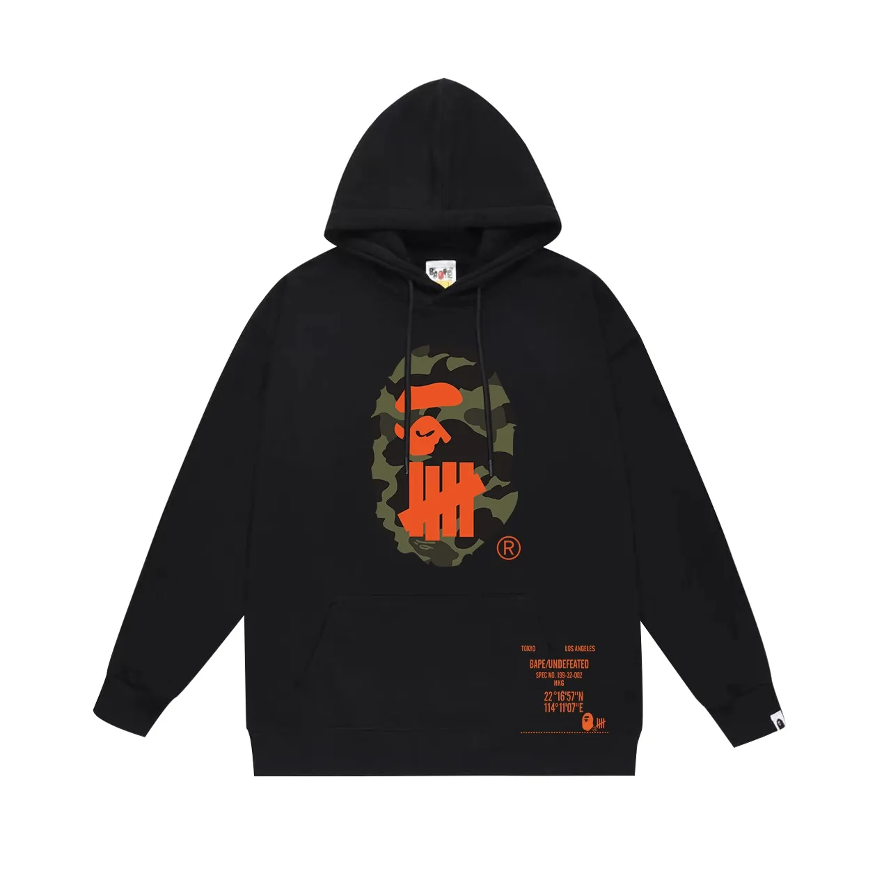 Model No. SC662# terry p160 plus velvet p180💰 (top version) BAPE co-branded UNDEFEATED undefeated five-stripe ape head print hooded sweatshirt. Made of 380g large terry 430g silver fox velvet (off-shoulder large version) fabric. The texture is soft and non-pilling. Imported environmentally friendly printing glue. The pattern is bright and three-dimensional. Quality💥Same style for men and women. The upper body is trendy. Color: black white gray Size: S M L XL XXL