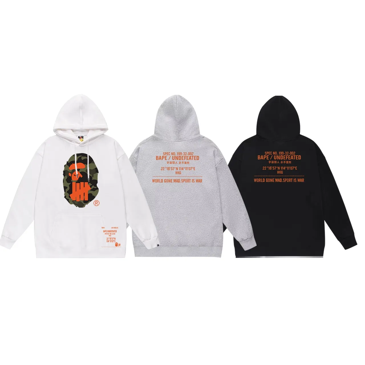 Model No. SC662# terry p160 plus velvet p180💰 (top version) BAPE co-branded UNDEFEATED undefeated five-stripe ape head print hooded sweatshirt. Made of 380g large terry 430g silver fox velvet (off-shoulder large version) fabric. The texture is soft and non-pilling. Imported environmentally friendly printing glue. The pattern is bright and three-dimensional. Quality💥Same style for men and women. The upper body is trendy. Color: black white gray Size: S M L XL XXL