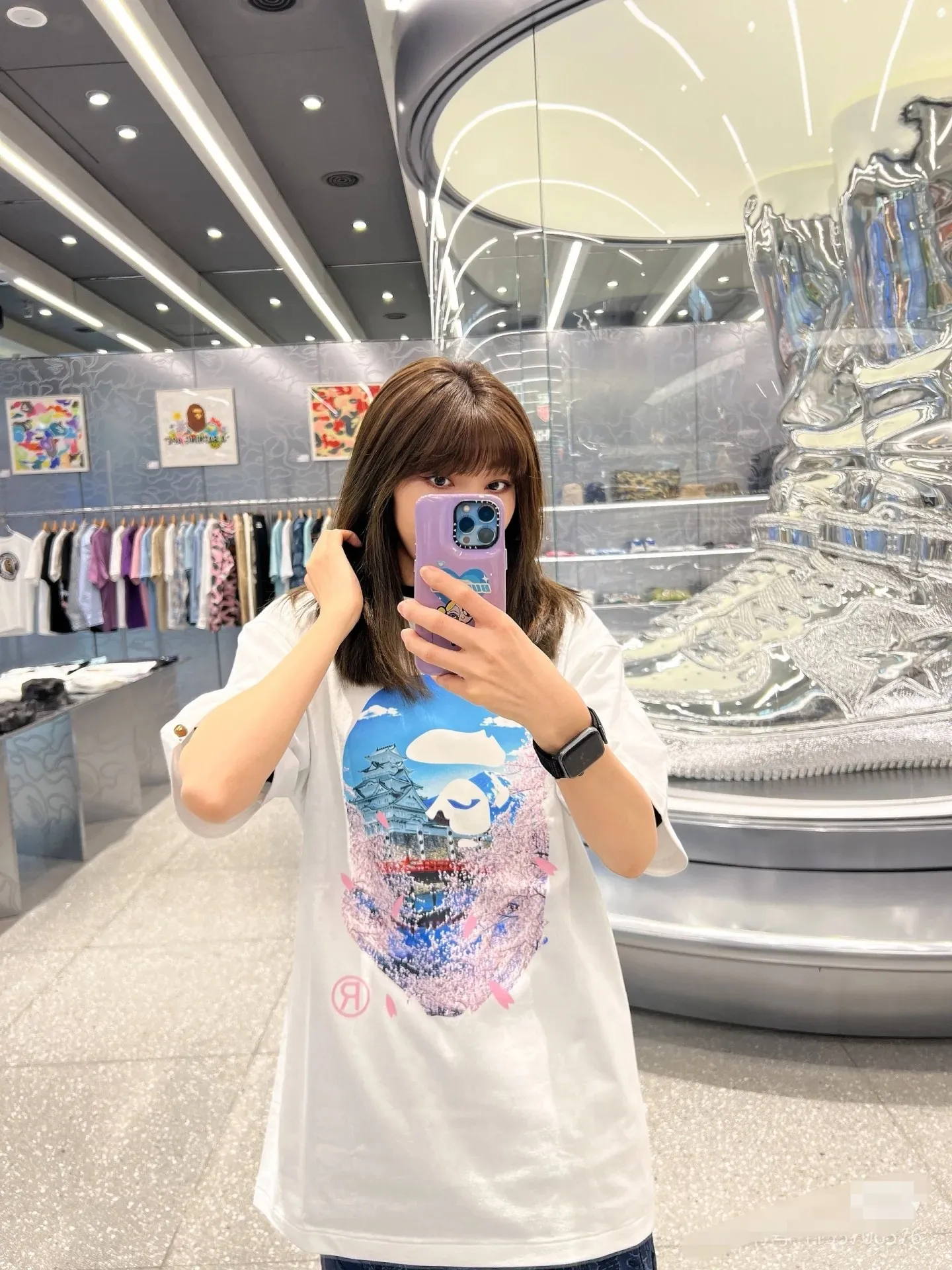 P110 00120 A BATHING APE BAPE SS23 SAKURA cherry blossom series cherry blossom print round neck loose short-sleeved T-shirt, same style for men and women, size smlxlxxl, black and white