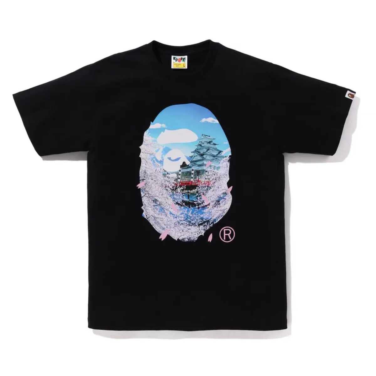 P110 00120 A BATHING APE BAPE SS23 SAKURA cherry blossom series cherry blossom print round neck loose short-sleeved T-shirt, same style for men and women, size smlxlxxl, black and white