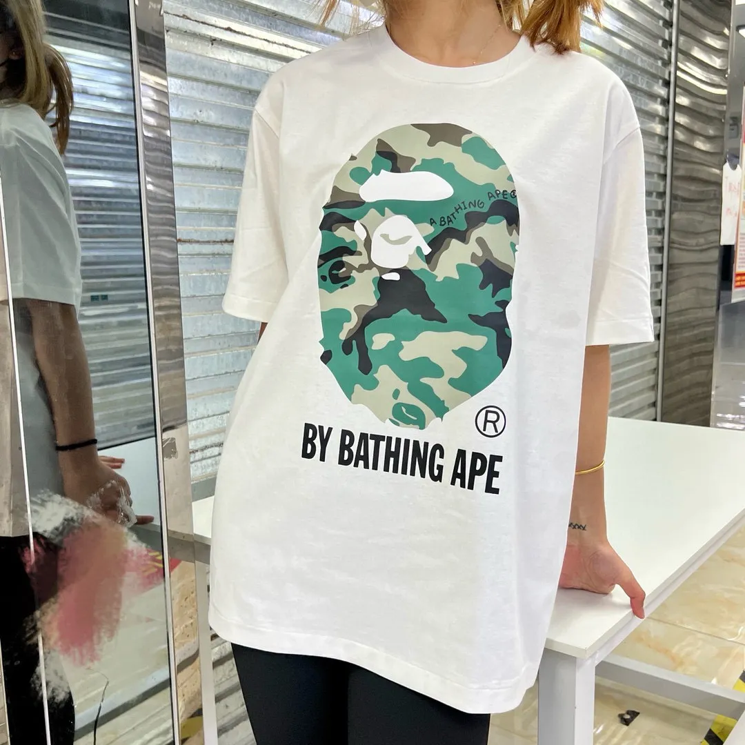 💰140 Bape Forest Camouflage Great Ape Letter Printing Linen Cotton 280g Customized Fabric Couple Style: S—XXL [Black White]