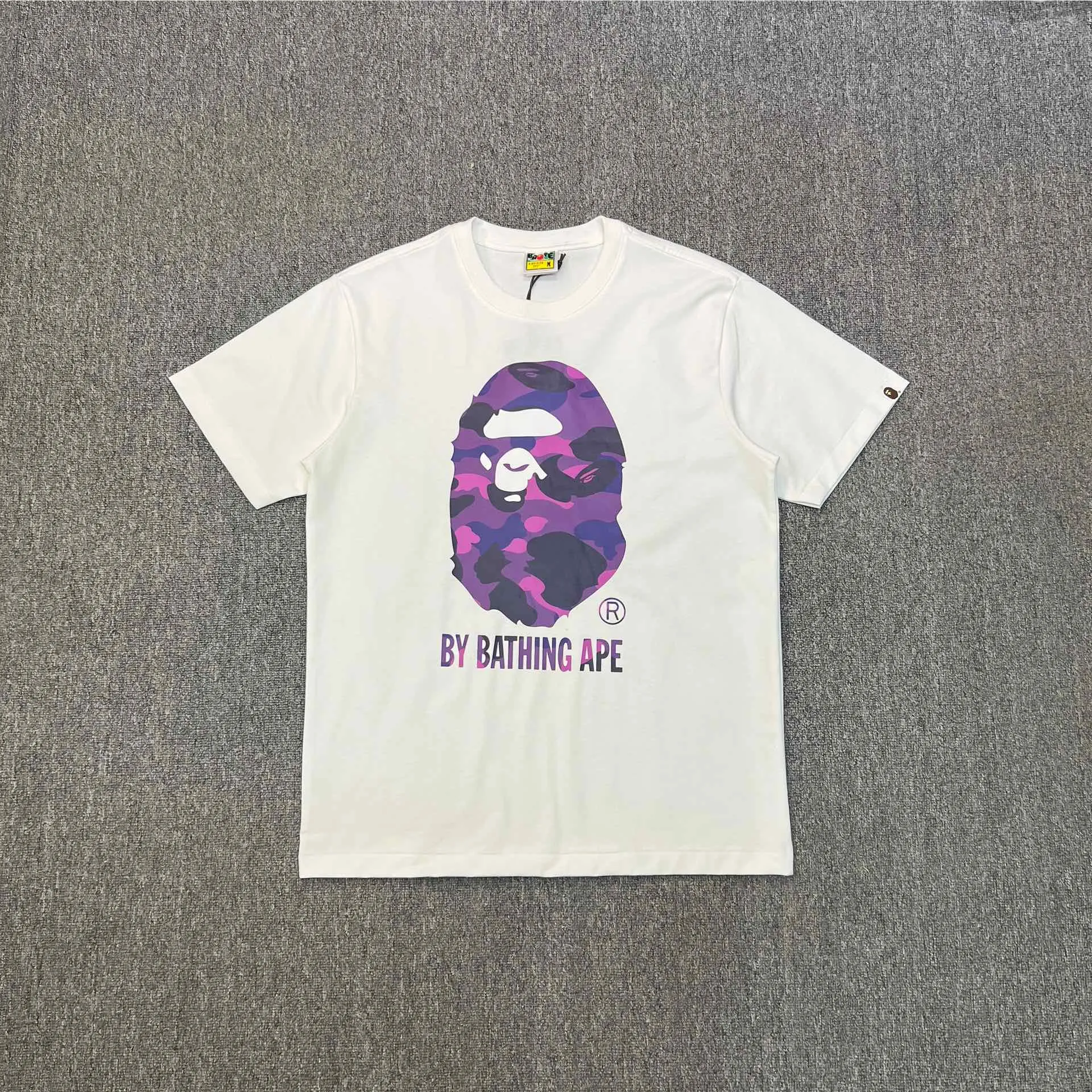 💰140 BAPE camouflage great ape letter print short-sleeved T-shirt 280g weight linen cotton fabric Couple style: S-XXL [white blue black blue white red black red white purple black purple]