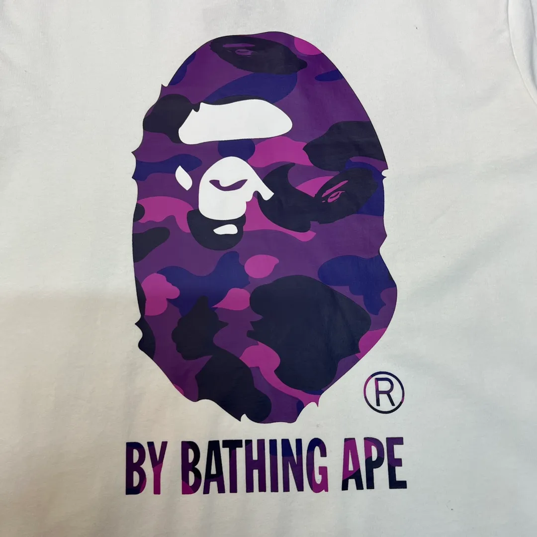 💰140 BAPE camouflage great ape letter print short-sleeved T-shirt 280g weight linen cotton fabric Couple style: S-XXL [white blue black blue white red black red white purple black purple]