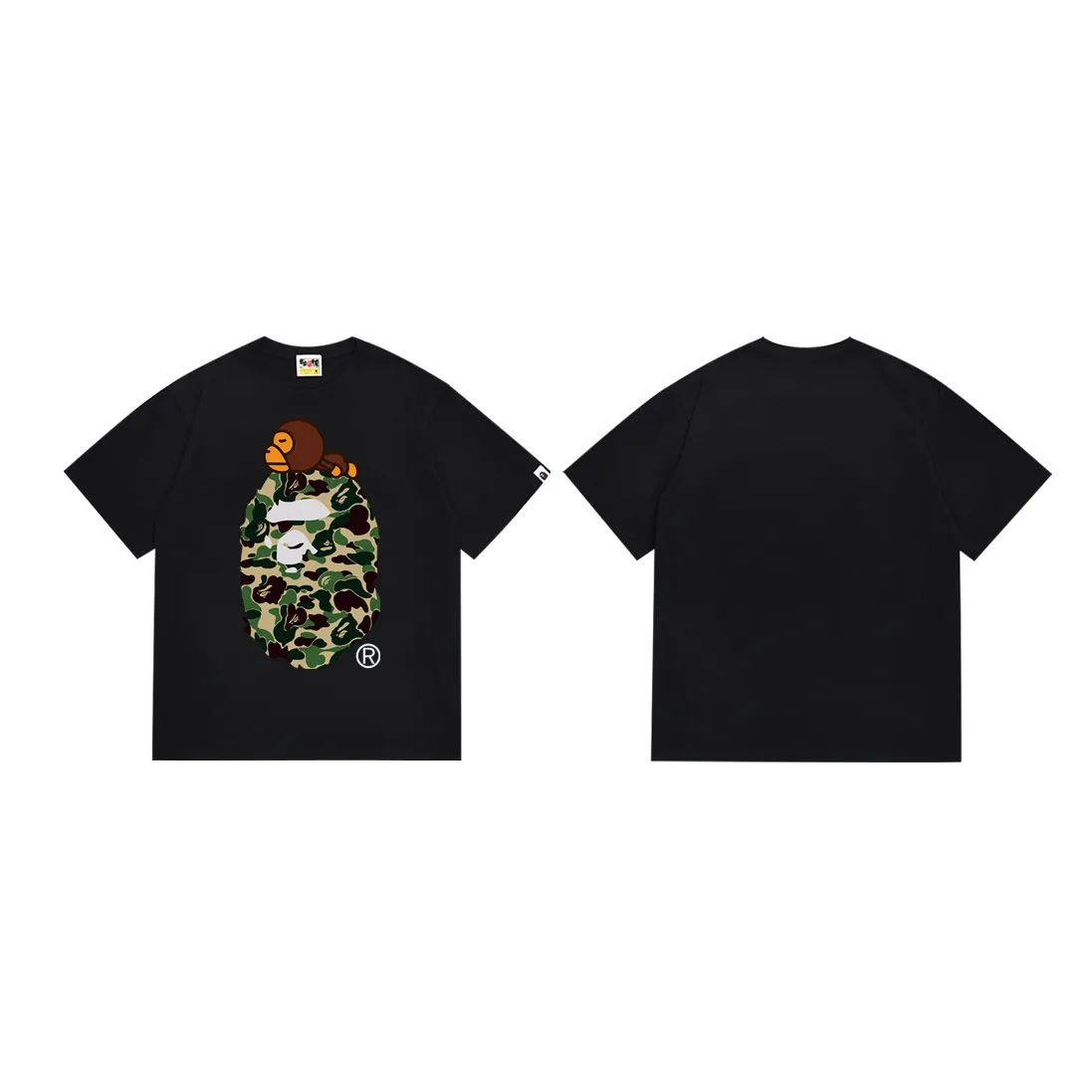 P110 SC048# (top version) BAPE camouflage ape head LOGO printed short-sleeved T-shirt Made of 260 grams of high-quality high-weave pure cotton fabric, double yarn combed, soft texture and no pilling Imported environmentally friendly printing glue, bright and three-dimensional pattern, quality 💥Same style for men and women, the upper body is fashionable Color: black green, white green, black pink, white powder, black blue, white blue Size: S M L XL XXL