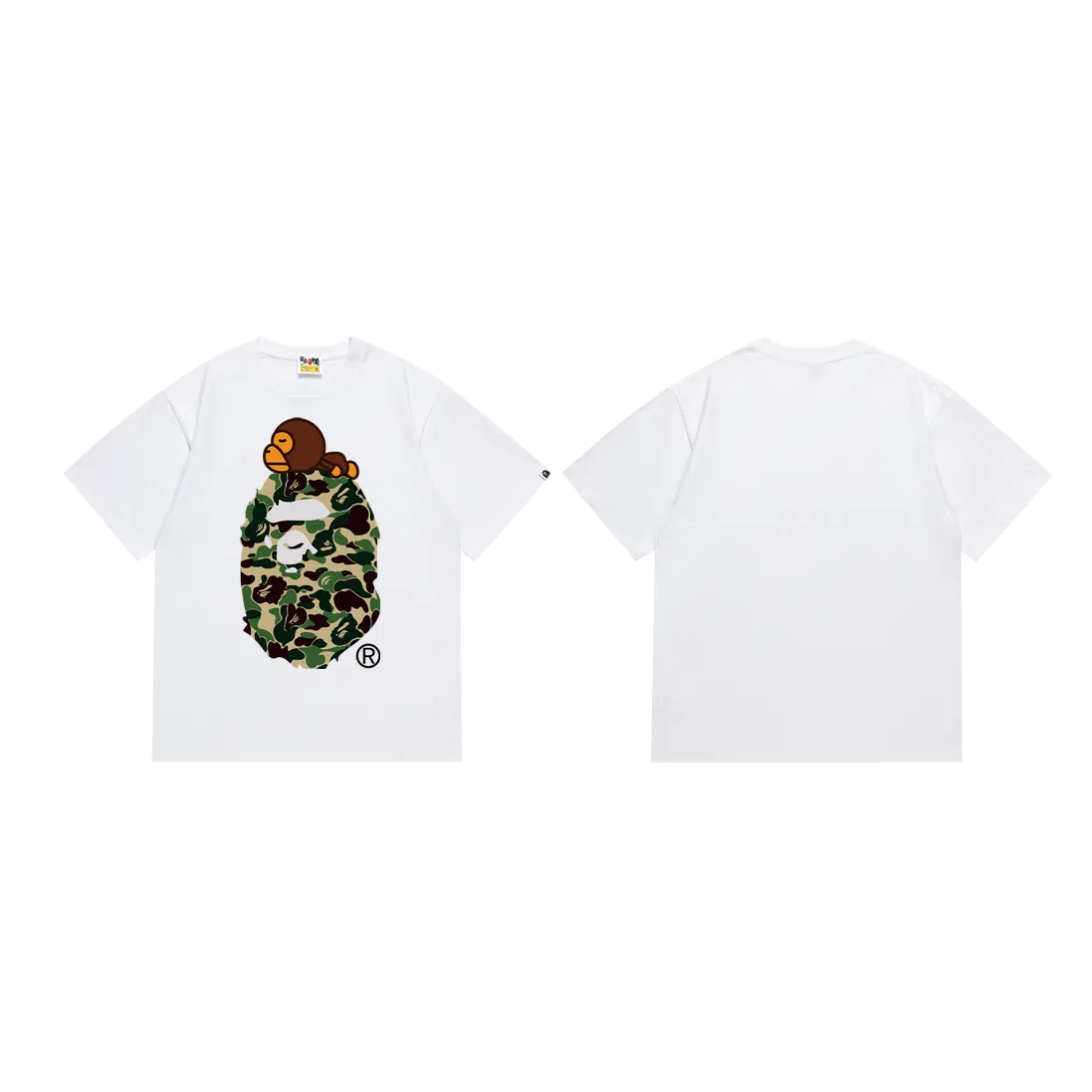 P110 SC048# (top version) BAPE camouflage ape head LOGO printed short-sleeved T-shirt Made of 260 grams of high-quality high-weave pure cotton fabric, double yarn combed, soft texture and no pilling Imported environmentally friendly printing glue, bright and three-dimensional pattern, quality 💥Same style for men and women, the upper body is fashionable Color: black green, white green, black pink, white powder, black blue, white blue Size: S M L XL XXL