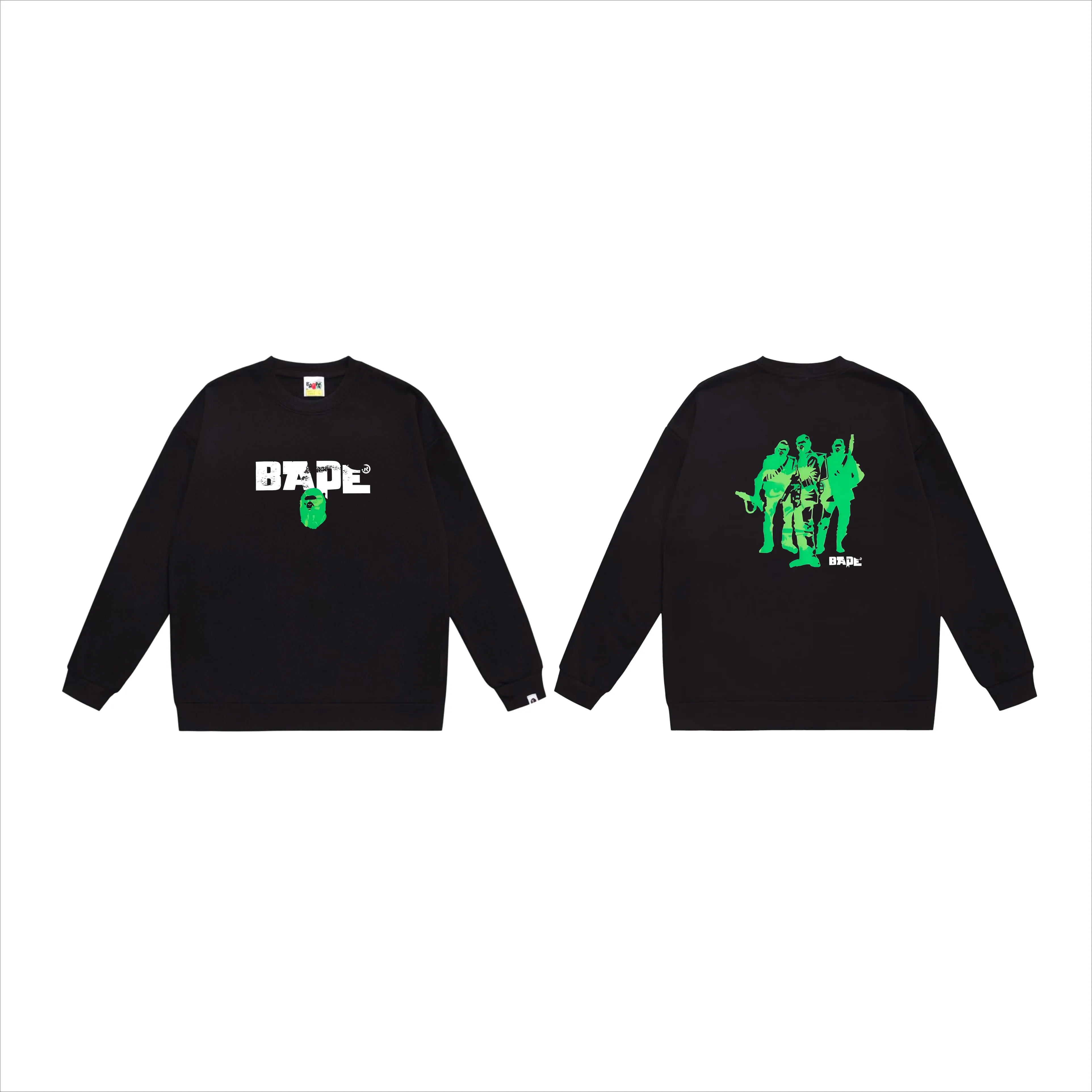 P170 model number SC569# terry 80 plus velvet 85 (top version) BAPE Ape Army letter printed round neck sweatshirt Made of 350g large terry (drop shoulder large version) fabric, soft and non-pilling, imported environmentally friendly printing glue, bright and three-dimensional pattern, quality 💥Same style for men and women, the upper body is fashionable Color: black white gray Size: S M L XL XXL