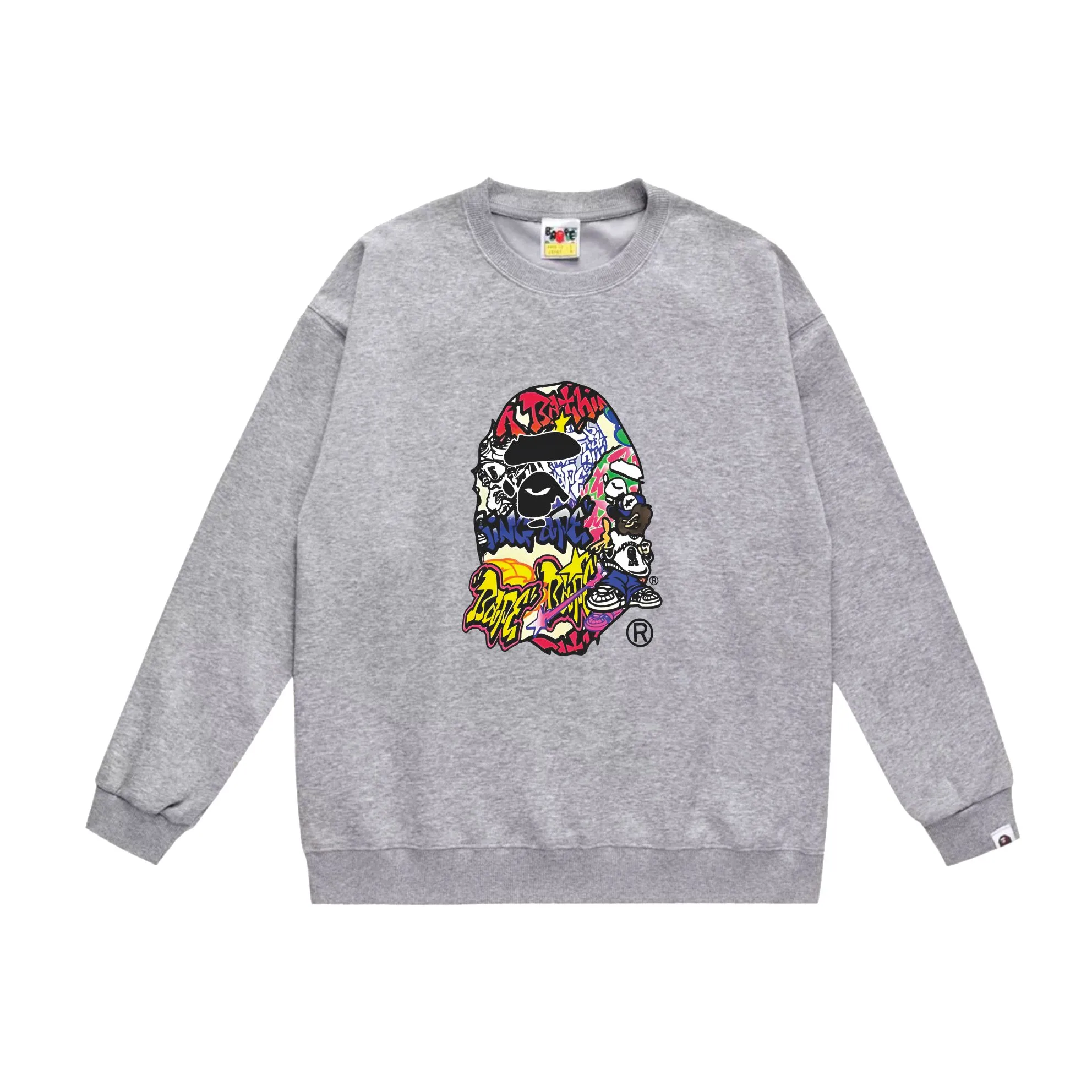 P150 model number SC532# terry 75 plus velvet 80 (top version) BAPE ape head cartoon pattern printed round neck sweatshirt. Made of 350 grams of large terry (drop shoulder large version) fabric. The texture is soft and non-pilling. Imported environmentally friendly printing glue. The pattern is bright and three-dimensional. Quality 💥Same style for men and women. The upper body is trendy. Color: black white gray Size: S M L XL XXL
