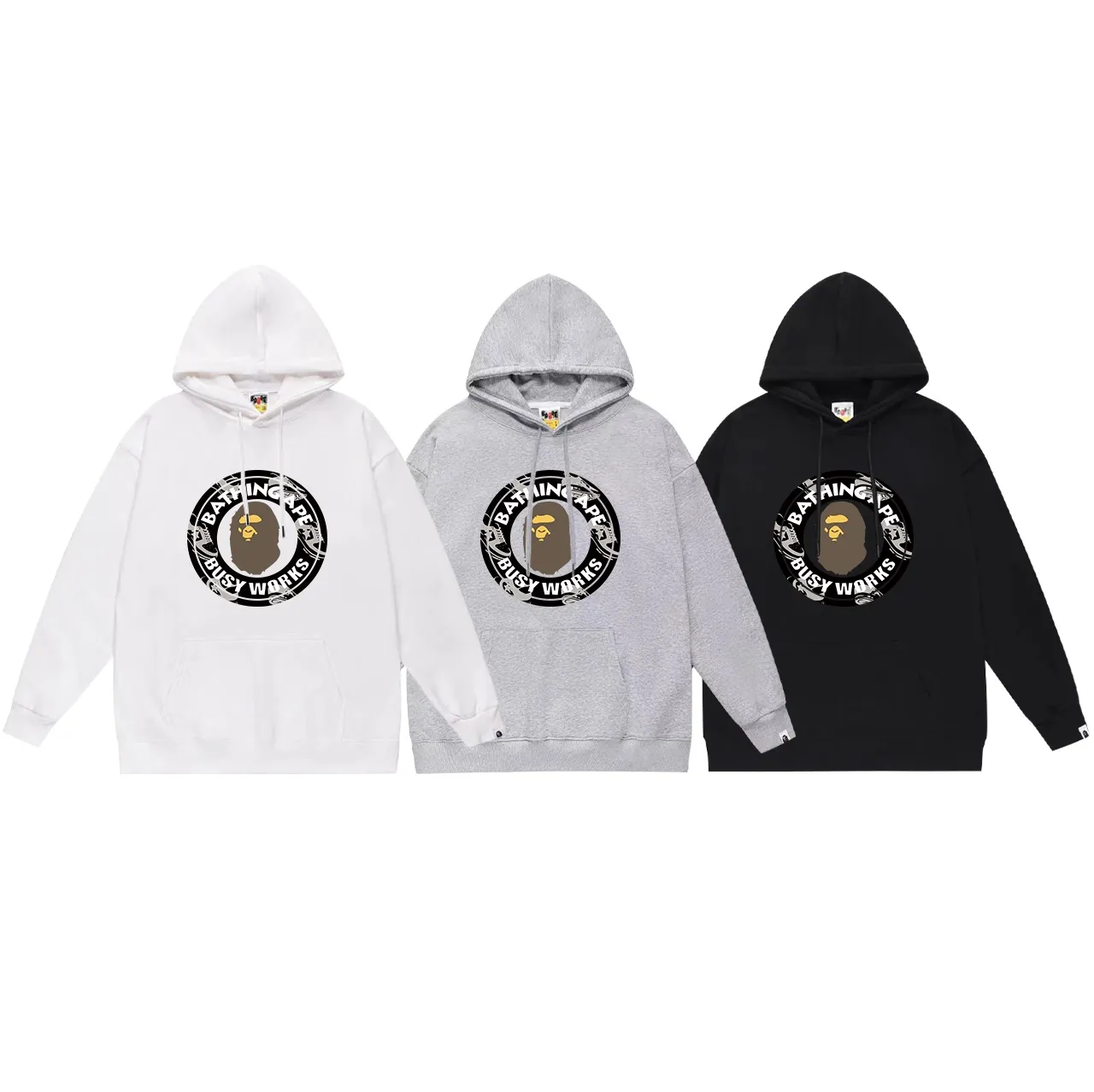 Model No. SC673#terry p160 plus velvet p180💰 (top version) BAPE Busy Works ape head medallion printed hooded sweatshirt Made of 380g large terry 430g silver fox velvet (drop shoulder large version) fabric, soft and non-pilling, imported environmentally friendly printing glue, bright and three-dimensional pattern, quality💥Same style for men and women. The upper body is trendy. Color: black white gray Size: S M L XL XXL