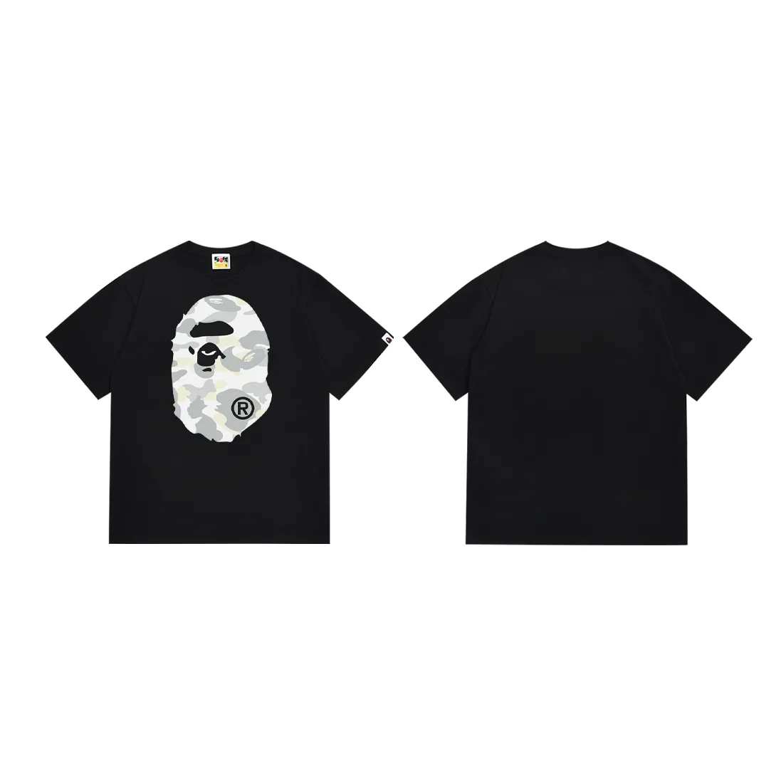 P110 SC046# (top version) BAPE camouflage great ape letter print short-sleeved T-shirt Made of 260 grams of high-quality high-weave pure cotton fabric, double yarn combed, soft texture and no pilling Imported environmentally friendly printing glue, bright and three-dimensional pattern, quality 💥Same style for men and women, the upper body is fashionable Color: black and white Size: S M L XL XXL