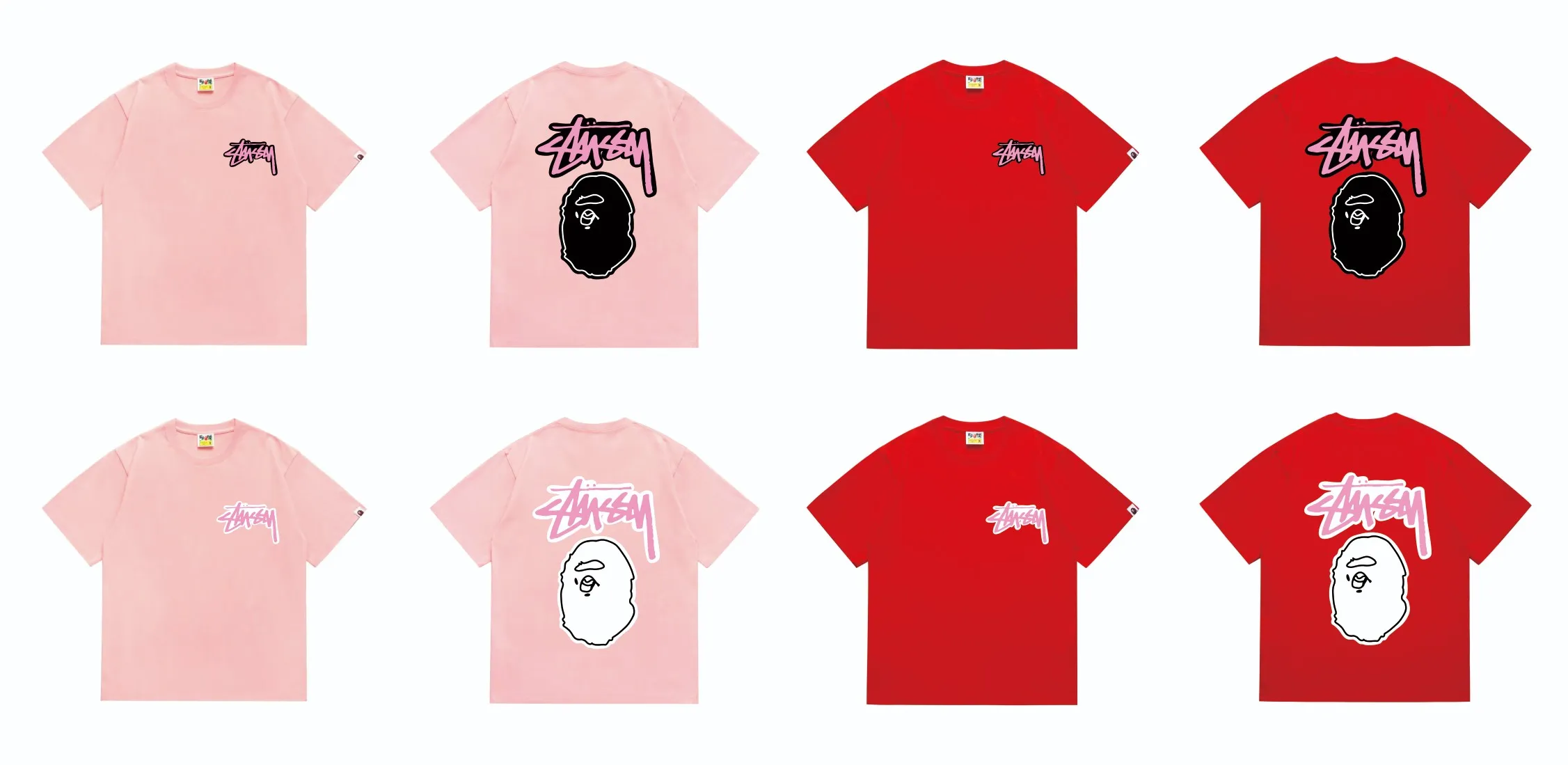 SC206#p110💰 (top version) BAPE×Stussy co-branded Stussy letter ape print T-shirt Made of 260 grams of high-quality high-weave pure cotton fabric, double yarn combed, soft texture and no pilling Imported environmentally friendly printing glue, bright and three-dimensional pattern, quality 💥Same style for men and women, the upper body is fashionable Color: black and white, gray and white, pink and white, red and white, white and black, gray and black, pink and black, red and black Size: S M L XL XXL