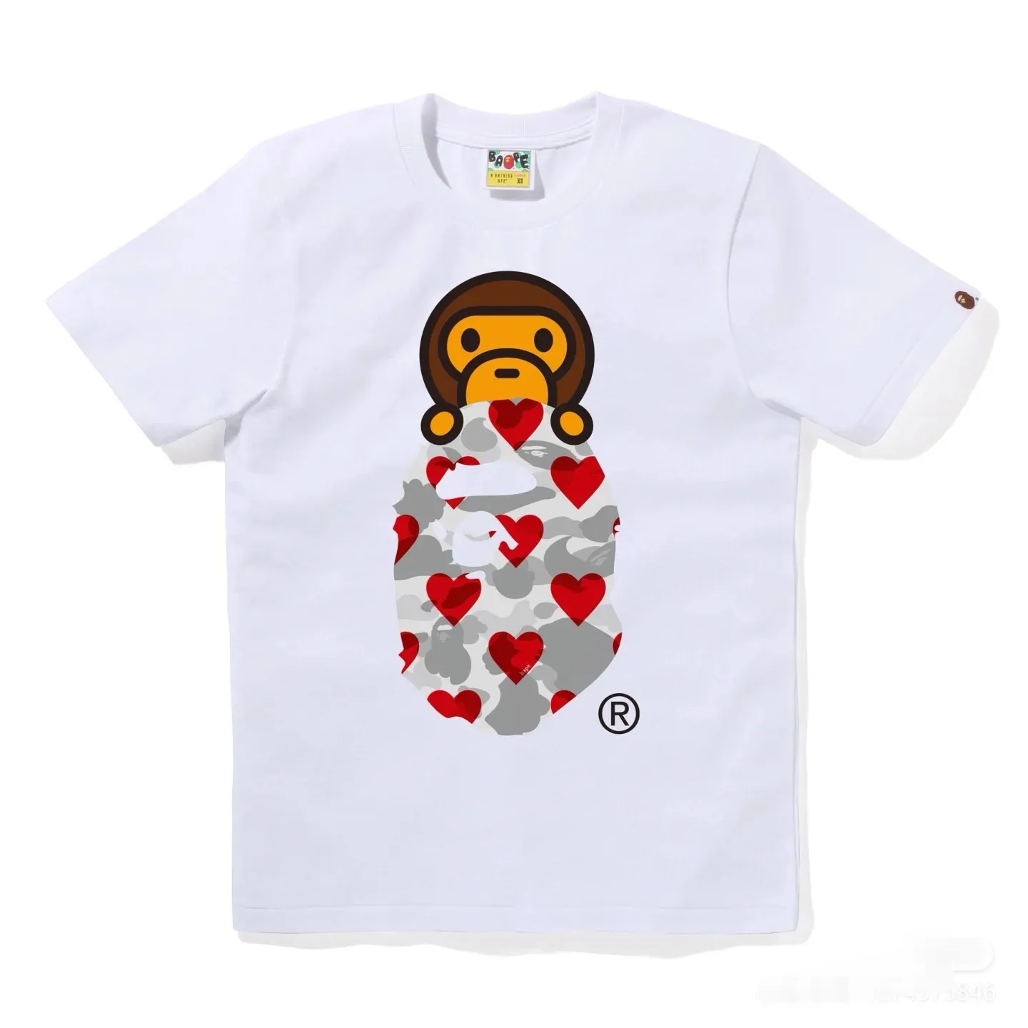 P110 001148 bape ape head love printed short-sleeved T-shirt, same style for men and women, size smlxlxxl, black and red, white and red, black and brown, white and brown