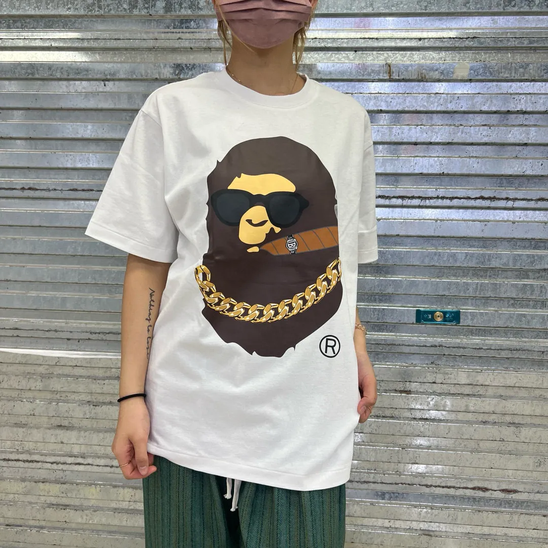 💰140 Bape Ape Head Smoking Print Los Angeles Limited Linen Cotton 280g Customized Fabric Couple Style: S—XXL [Black White]