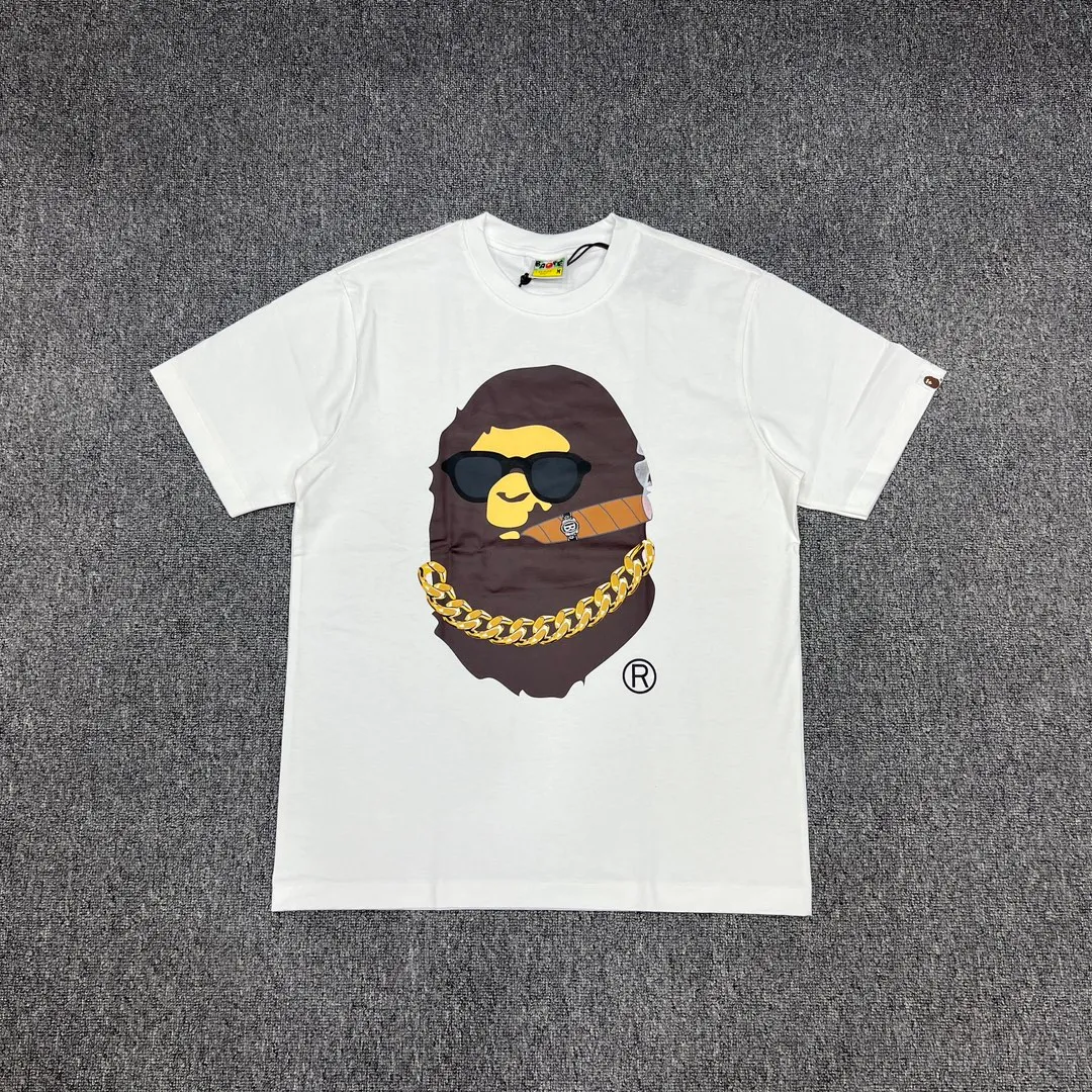 💰140 Bape Ape Head Smoking Print Los Angeles Limited Linen Cotton 280g Customized Fabric Couple Style: S—XXL [Black White]