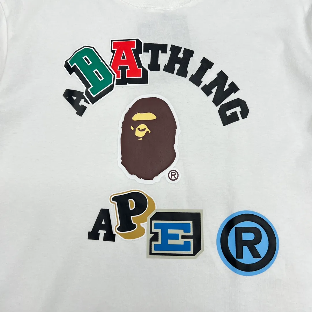 💰140 BAPE colorful letters ape head print short-sleeved T-shirt 270g weight linen cotton fabric ZP version couple style: S-XXL [black white]