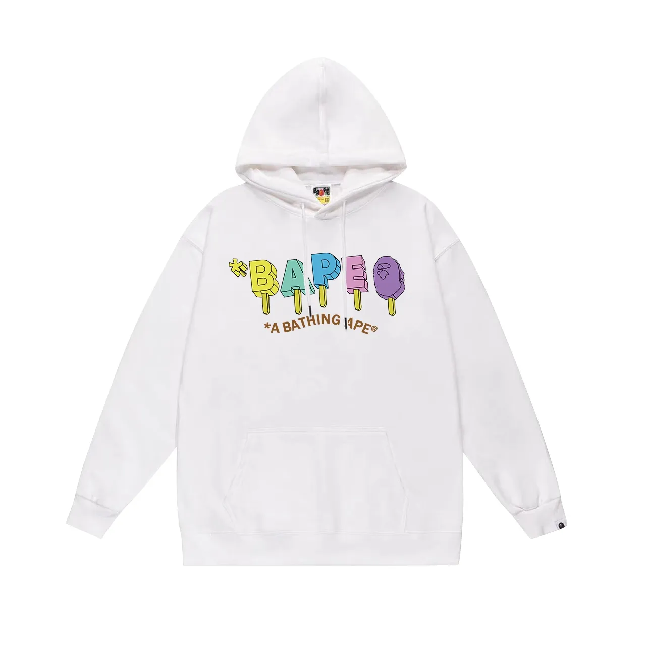 Model No. SC687#terry p160 plus velvet p180💰 (top version) BAPE colorful ape head popsicle letter printed hooded sweatshirt. Made of 380g large terry 430g silver fox velvet (drop shoulder large version) fabric. The texture is soft and non-pilling. Imported environmentally friendly printing glue. The pattern is bright and three-dimensional. Quality💥Same style for men and women. The upper body is trendy. Color: black white gray Size: S M L XL XXL