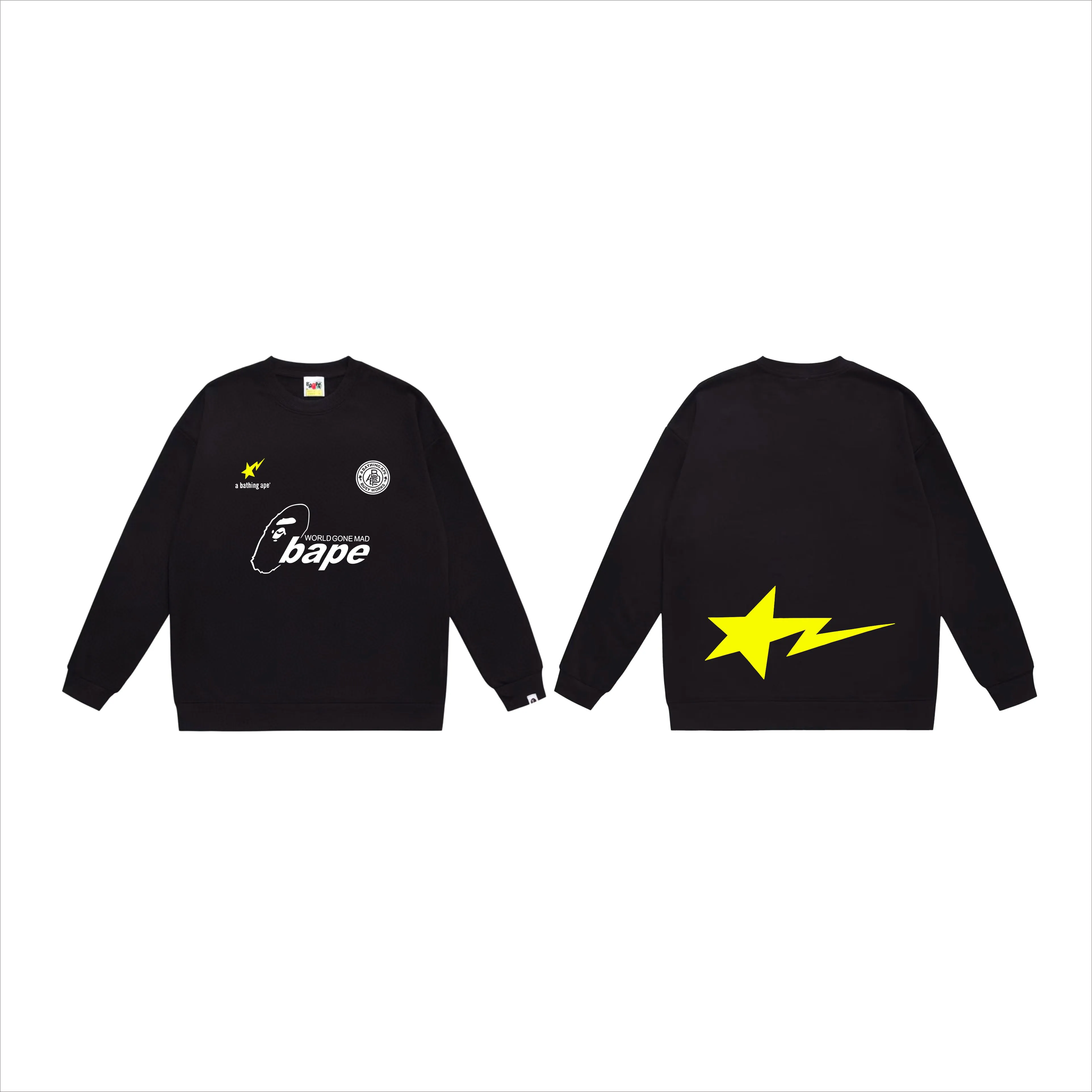 P170 model number SC563# terry 80 plus velvet 85 (top version) BAPE ape head letter contrast star printed round neck sweatshirt. Made of 350 grams of large terry (drop shoulder large version) fabric. The texture is soft and non-pilling. Imported environmentally friendly printing glue. The pattern is bright and three-dimensional. Quality 💥Same style for men and women. The upper body is trendy. Color: black white gray Size: S M L XL XXL