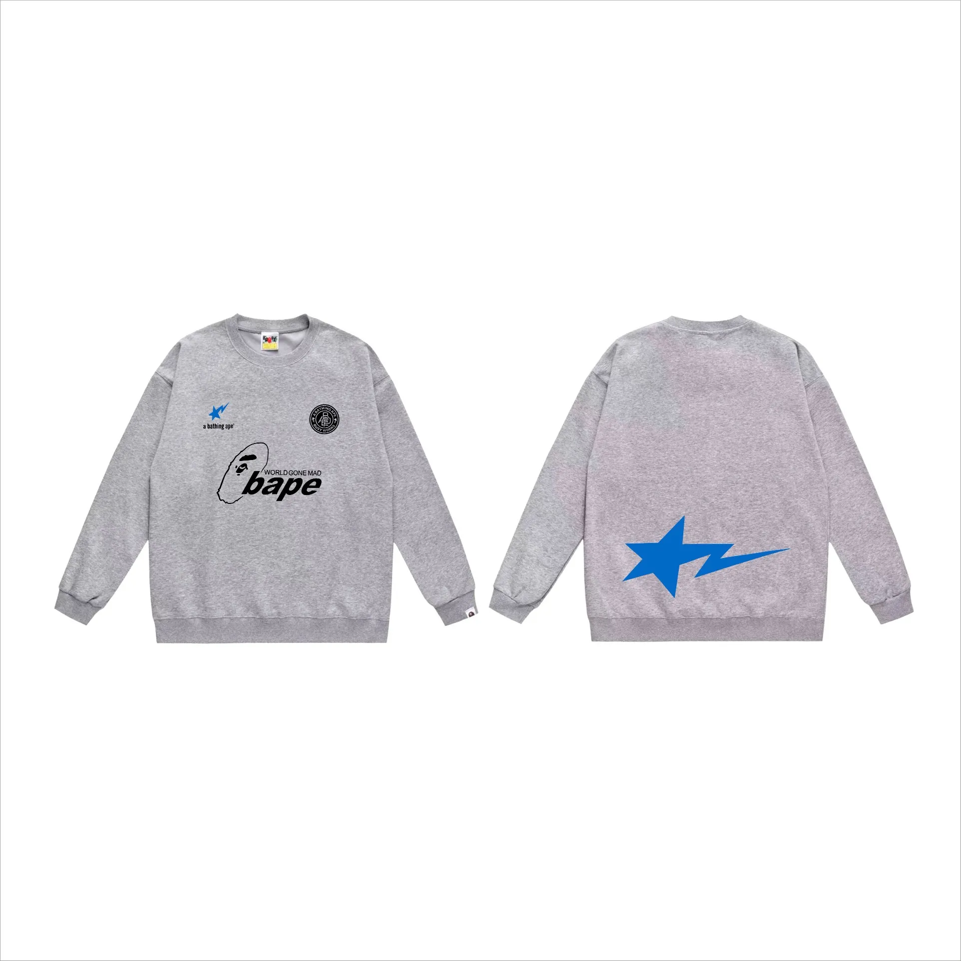 P170 model number SC563# terry 80 plus velvet 85 (top version) BAPE ape head letter contrast star printed round neck sweatshirt. Made of 350 grams of large terry (drop shoulder large version) fabric. The texture is soft and non-pilling. Imported environmentally friendly printing glue. The pattern is bright and three-dimensional. Quality 💥Same style for men and women. The upper body is trendy. Color: black white gray Size: S M L XL XXL