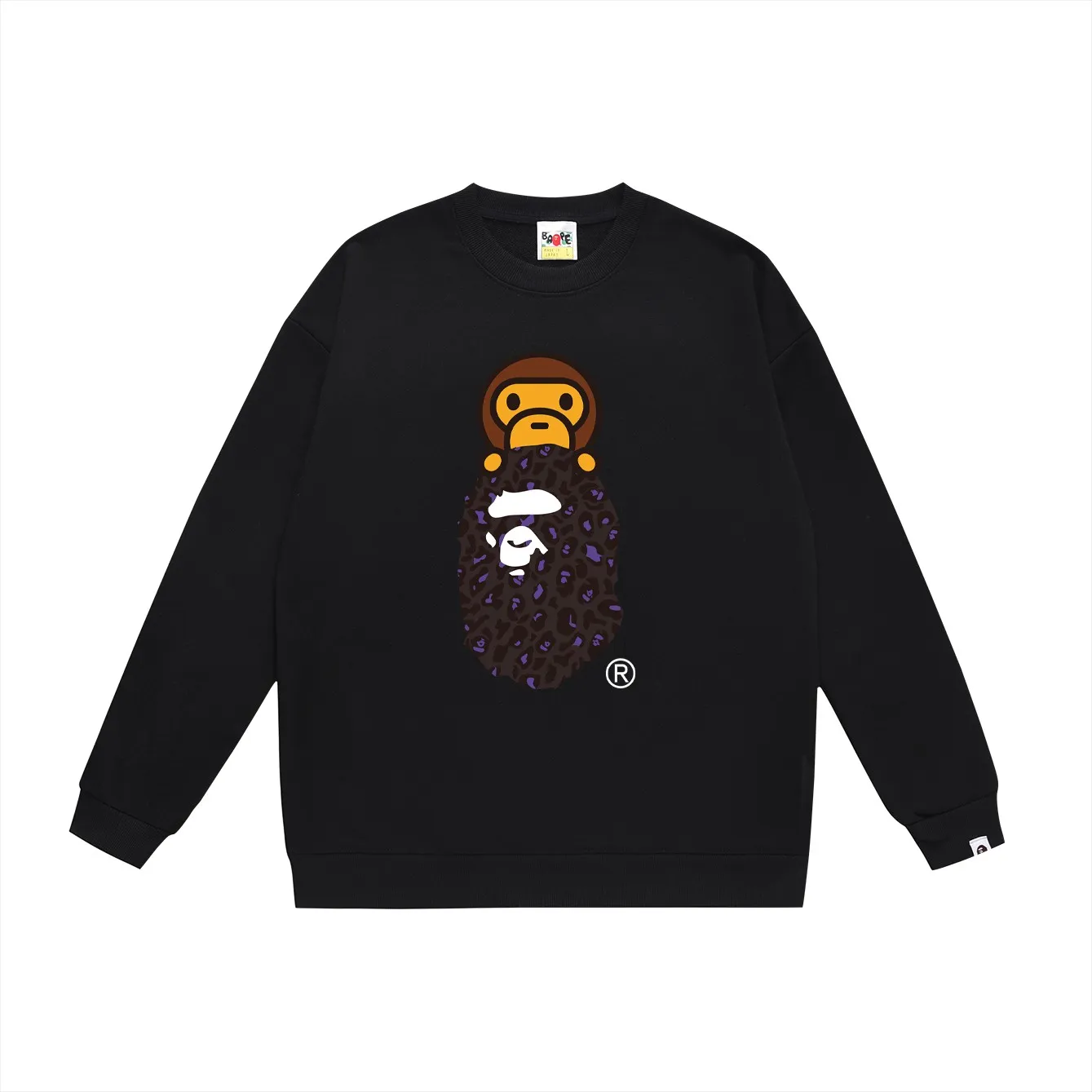 P150 model number SC467# terry 75 plus velvet 80 (top version) BAPE leopard print ape head cartoon BABY MILO printed round neck sweatshirt Made of 350 grams of large terry (drop shoulder large version) fabric, soft texture and no pilling Imported environmentally friendly printing glue The pattern is bright and three-dimensional Quality 💥Same style for men and women The upper body is trendy Color: Black and blue White and blue Gray blue Black and yellow White and yellow Gray and yellow Size: S M L XL XXL