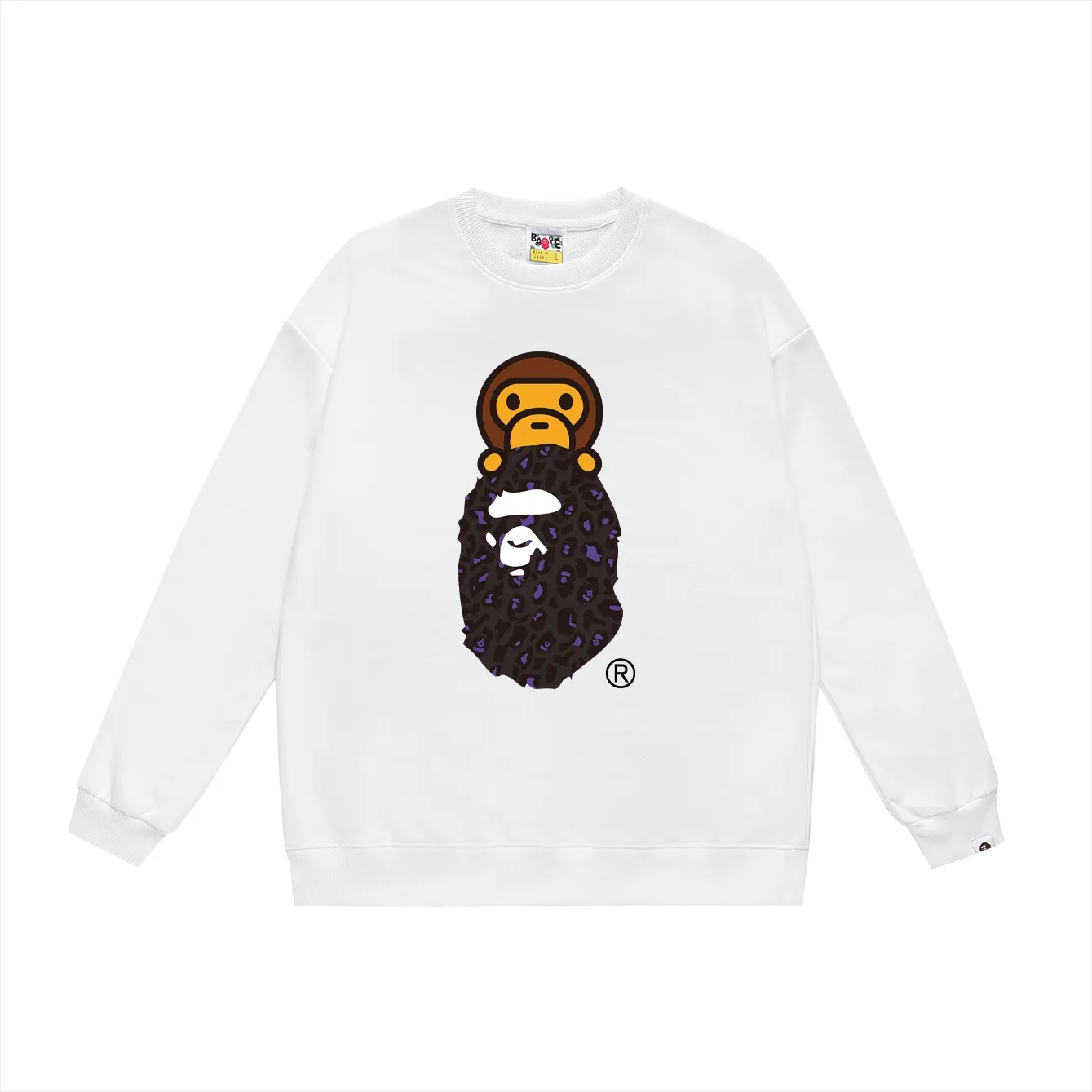 P150 model number SC467# terry 75 plus velvet 80 (top version) BAPE leopard print ape head cartoon BABY MILO printed round neck sweatshirt Made of 350 grams of large terry (drop shoulder large version) fabric, soft texture and no pilling Imported environmentally friendly printing glue The pattern is bright and three-dimensional Quality 💥Same style for men and women The upper body is trendy Color: Black and blue White and blue Gray blue Black and yellow White and yellow Gray and yellow Size: S M L XL XXL