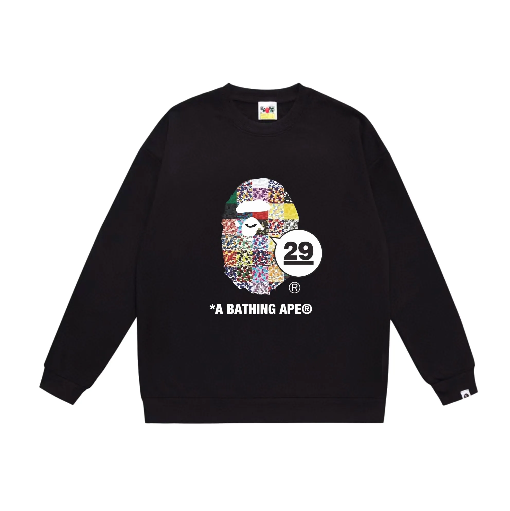 P150 model number SC527# terry 75 plus velvet 80 (top version) BAPE 29th Anniversary Ape Head Tee digital printed round neck sweatshirt Made of 350g large terry (drop shoulder large version) fabric, soft and non-pilling texture, imported environmentally friendly printing glue, bright and three-dimensional pattern, quality 💥same style for men and women, the upper body is fashionable Color: black white gray Size: S M L XL XXL