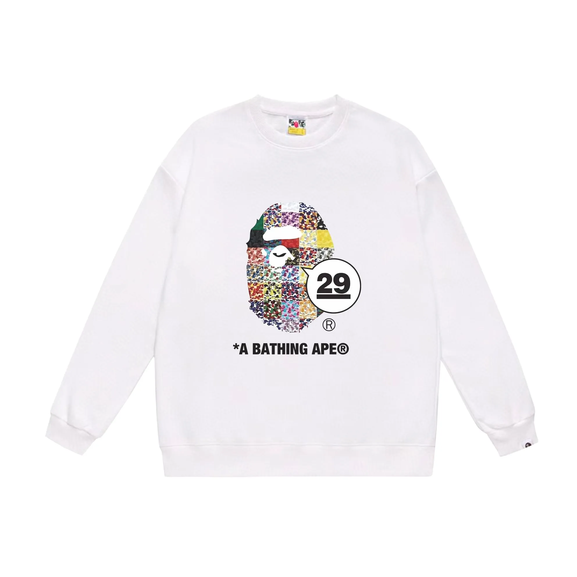 P150 model number SC527# terry 75 plus velvet 80 (top version) BAPE 29th Anniversary Ape Head Tee digital printed round neck sweatshirt Made of 350g large terry (drop shoulder large version) fabric, soft and non-pilling texture, imported environmentally friendly printing glue, bright and three-dimensional pattern, quality 💥same style for men and women, the upper body is fashionable Color: black white gray Size: S M L XL XXL