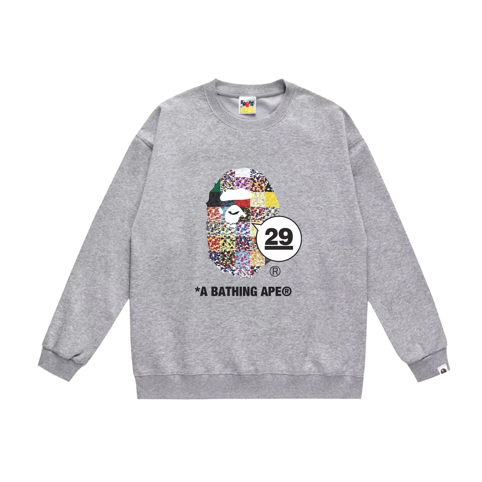 P150 model number SC527# terry 75 plus velvet 80 (top version) BAPE 29th Anniversary Ape Head Tee digital printed round neck sweatshirt Made of 350g large terry (drop shoulder large version) fabric, soft and non-pilling texture, imported environmentally friendly printing glue, bright and three-dimensional pattern, quality 💥same style for men and women, the upper body is fashionable Color: black white gray Size: S M L XL XXL