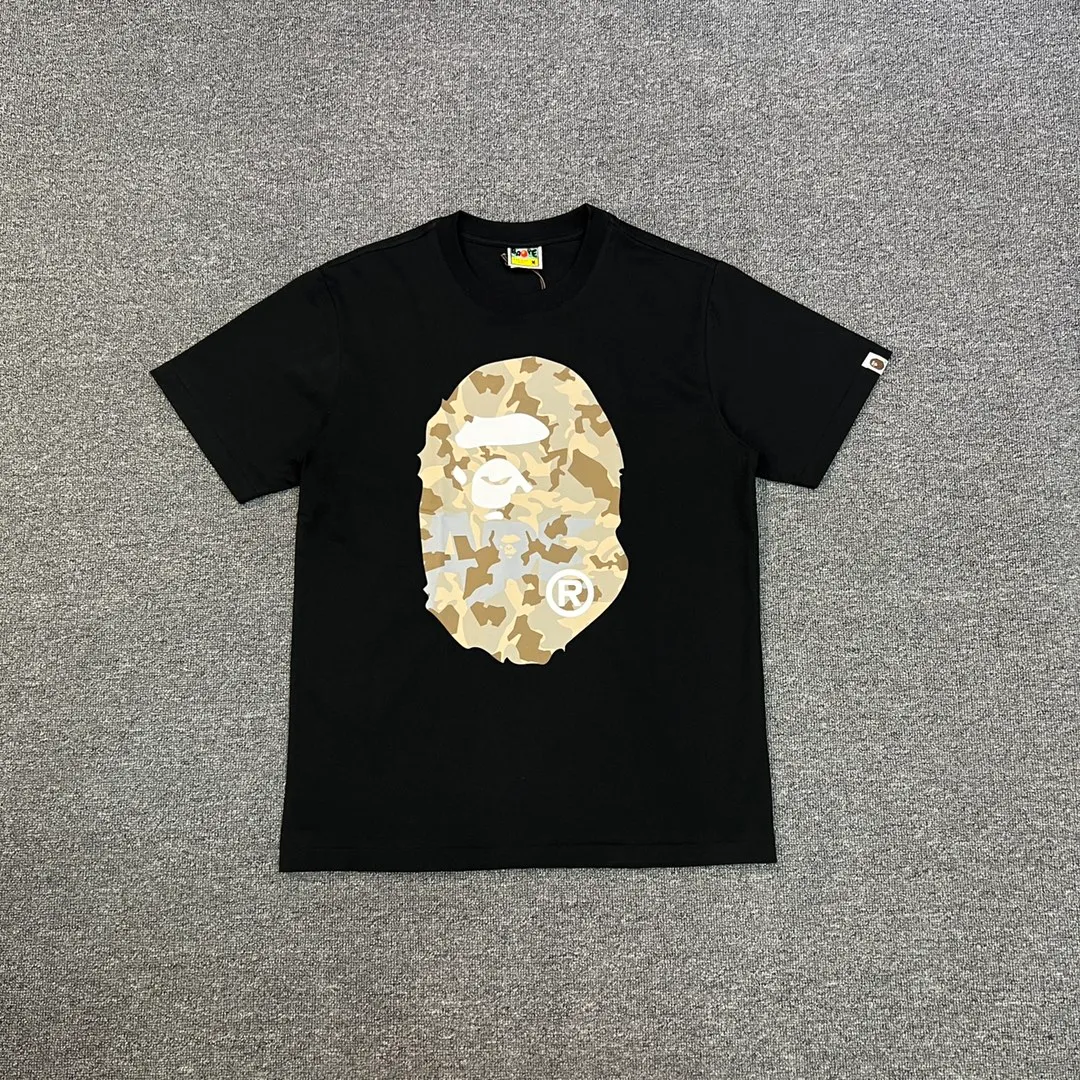 💰140 BAPE letter desert camouflage ape head double-sided printed short-sleeved T-shirt 280g weight linen cotton fabric Couple style: S-XXL [black apricot, white apricot, black blue, white blue]