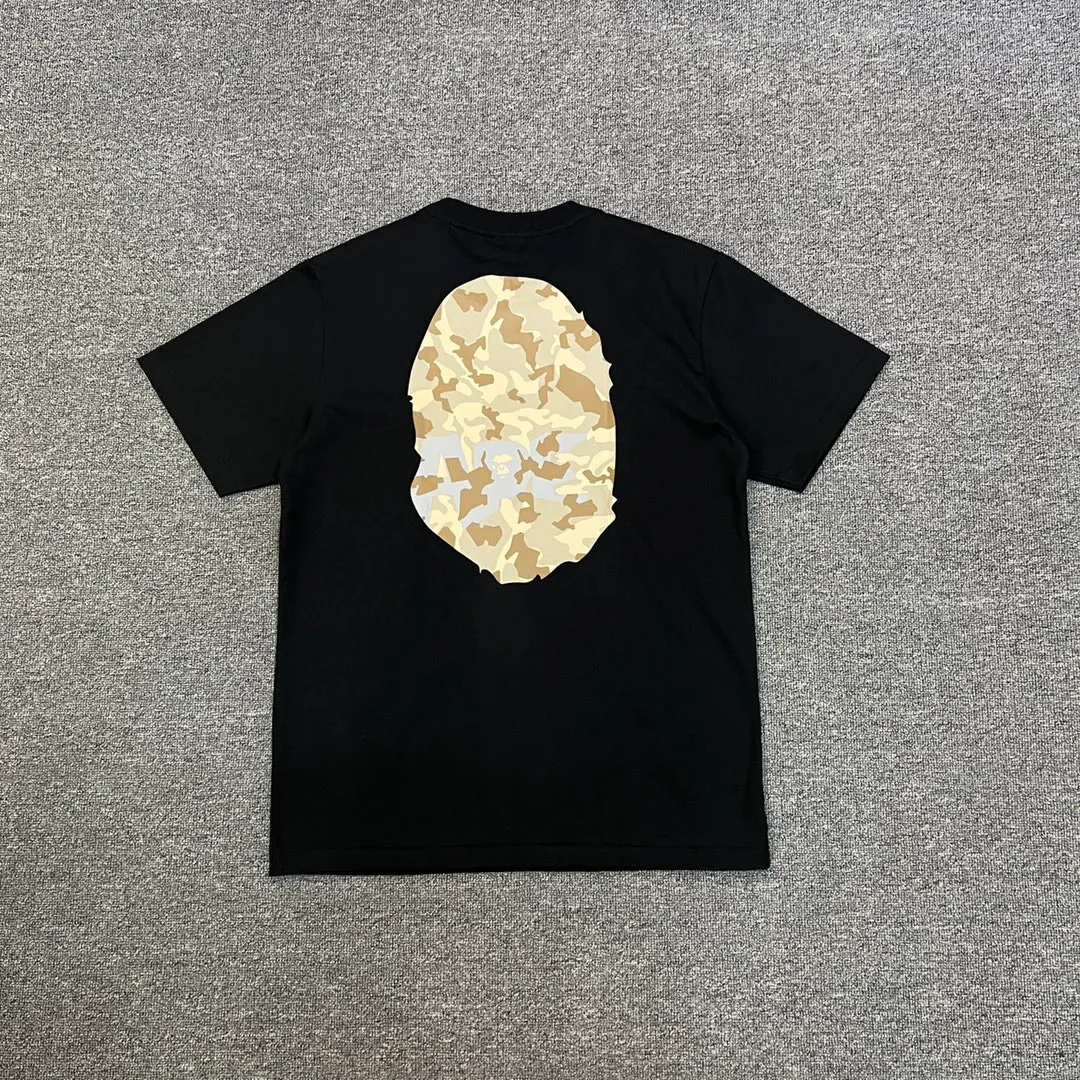 💰140 BAPE letter desert camouflage ape head double-sided printed short-sleeved T-shirt 280g weight linen cotton fabric Couple style: S-XXL [black apricot, white apricot, black blue, white blue]