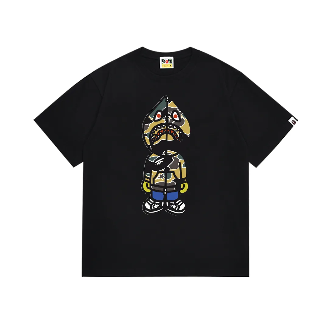 P110 SC038# (top version) BAPE ape-head colorful shark-man printed short-sleeved T-shirt Made of 260 grams of high-quality high-weave pure cotton fabric, double yarn combed, soft and non-pilling, imported environmentally friendly printing glue, bright and three-dimensional pattern, quality 💥Same style for men and women, the upper body is fashionable Color: black and white Size: S M L XL XXL