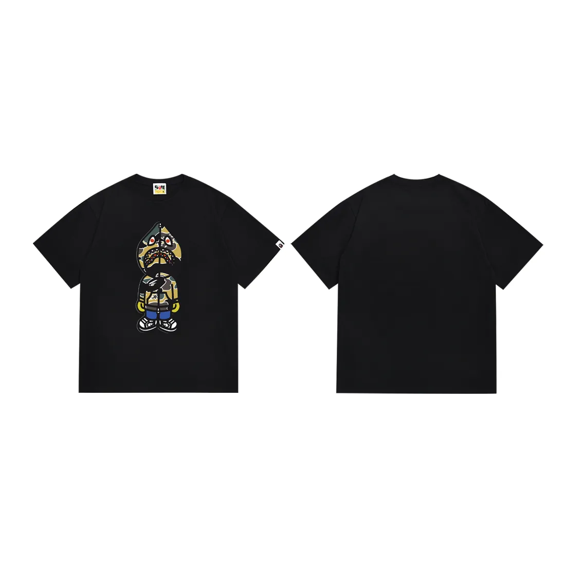 P110 SC038# (top version) BAPE ape-head colorful shark-man printed short-sleeved T-shirt Made of 260 grams of high-quality high-weave pure cotton fabric, double yarn combed, soft and non-pilling, imported environmentally friendly printing glue, bright and three-dimensional pattern, quality 💥Same style for men and women, the upper body is fashionable Color: black and white Size: S M L XL XXL