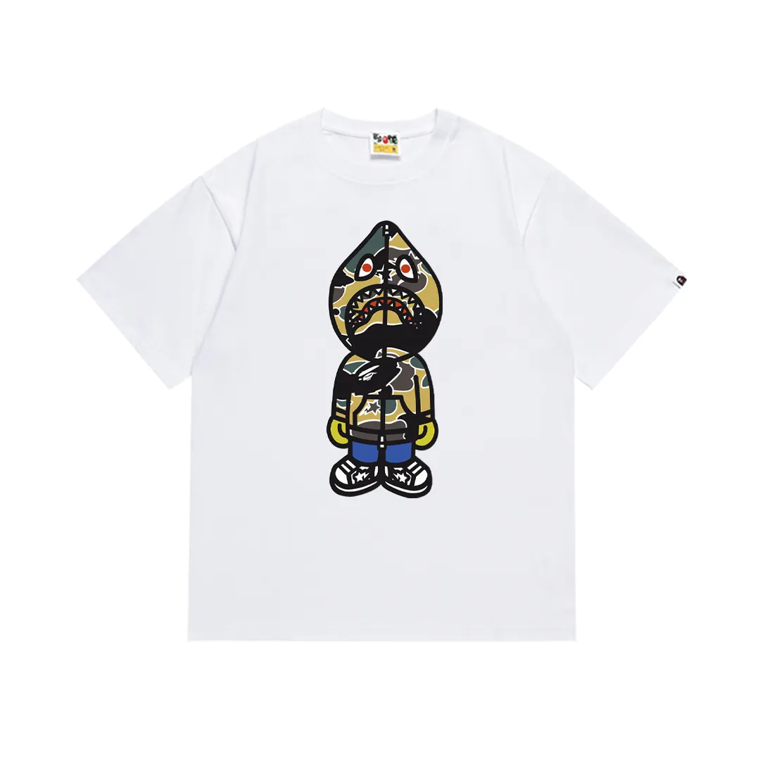 P110 SC038# (top version) BAPE ape-head colorful shark-man printed short-sleeved T-shirt Made of 260 grams of high-quality high-weave pure cotton fabric, double yarn combed, soft and non-pilling, imported environmentally friendly printing glue, bright and three-dimensional pattern, quality 💥Same style for men and women, the upper body is fashionable Color: black and white Size: S M L XL XXL