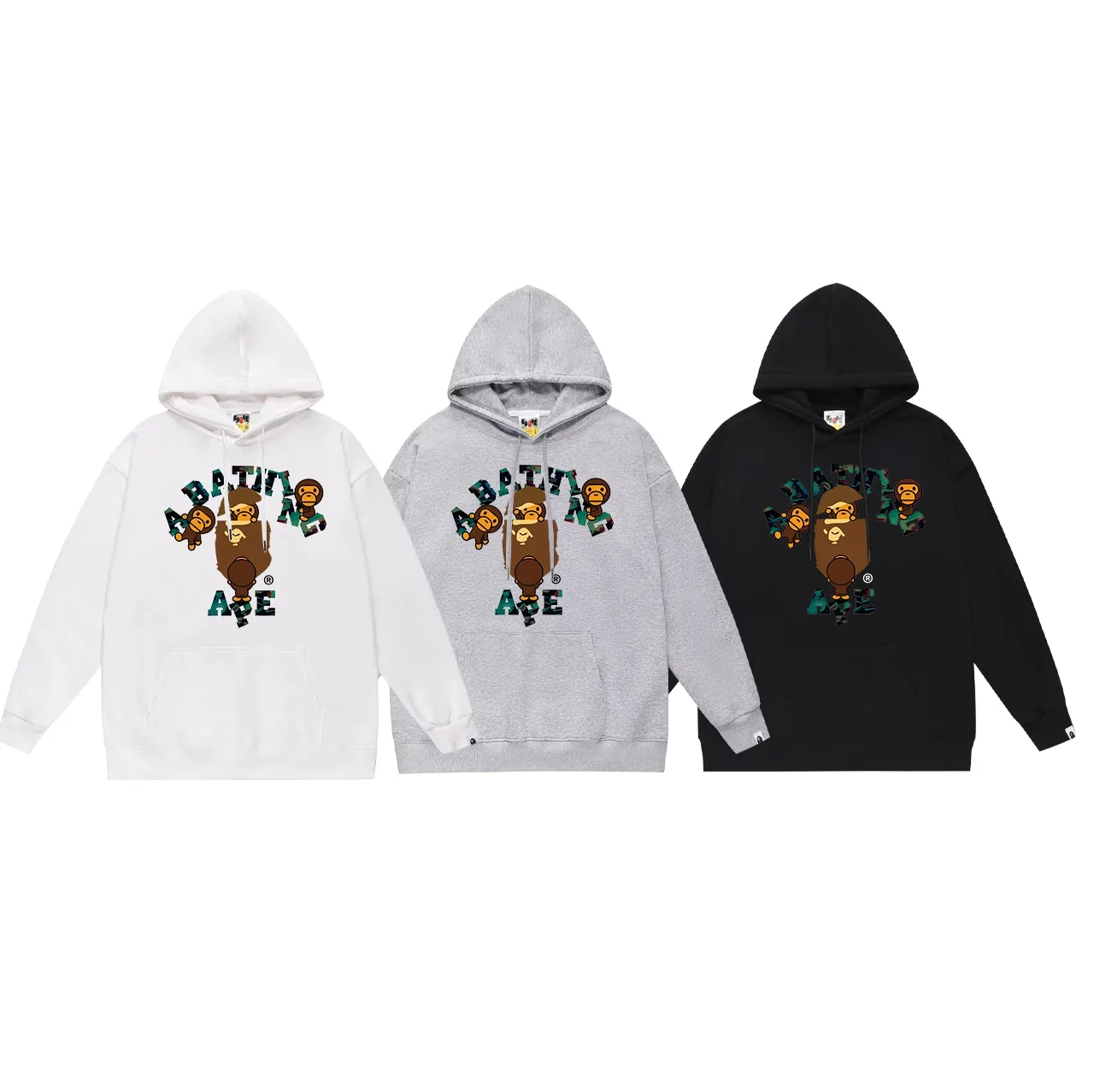 Model No. SC719#terry p160 plus velvet 180💰 (top version) BAPE cartoon BABY MILO ape head letter printed hooded sweatshirt. Made of 380 grams of large terry (drop shoulder large version) fabric. The texture is soft and non-pilling. Imported environmentally friendly printing glue. The pattern is bright and three-dimensional. Quality💥Same style for men and women. The upper body is trendy. Color: black white gray Size: S M L XL XXL