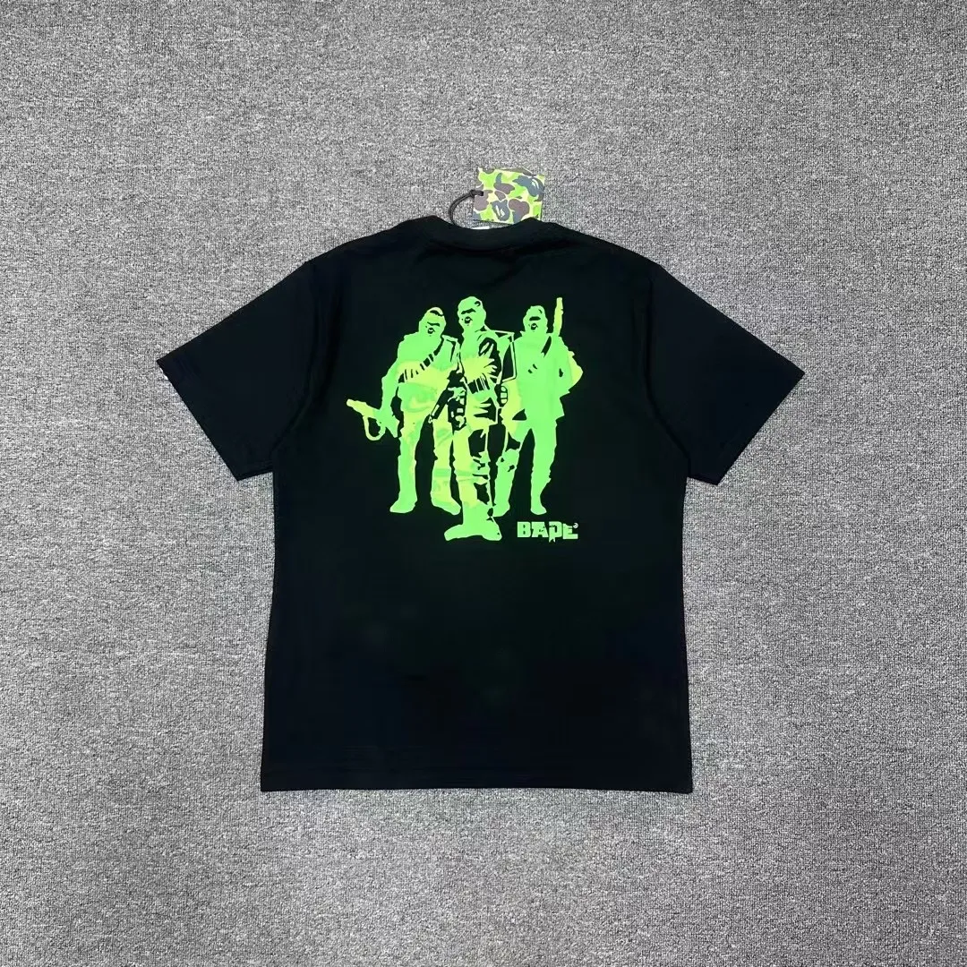 💰140 BAPE Ape Army letter pattern printed round neck short-sleeved T-shirt 280g weight linen cotton fabric Couple style: S-XXL [Black Apricot]