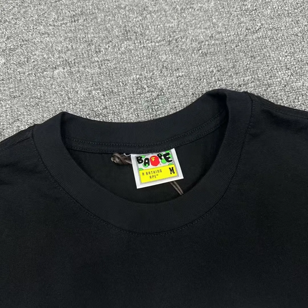 💰140 BAPE Ape Army letter pattern printed round neck short-sleeved T-shirt 280g weight linen cotton fabric Couple style: S-XXL [Black Apricot]