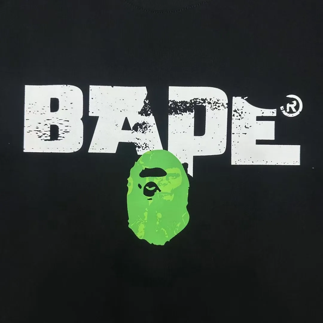 💰140 BAPE Ape Army letter pattern printed round neck short-sleeved T-shirt 280g weight linen cotton fabric Couple style: S-XXL [Black Apricot]