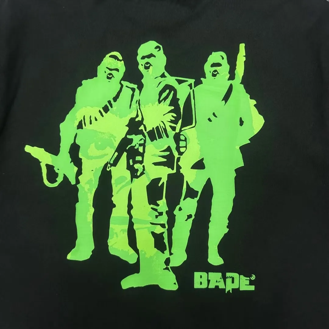 💰140 BAPE Ape Army letter pattern printed round neck short-sleeved T-shirt 280g weight linen cotton fabric Couple style: S-XXL [Black Apricot]