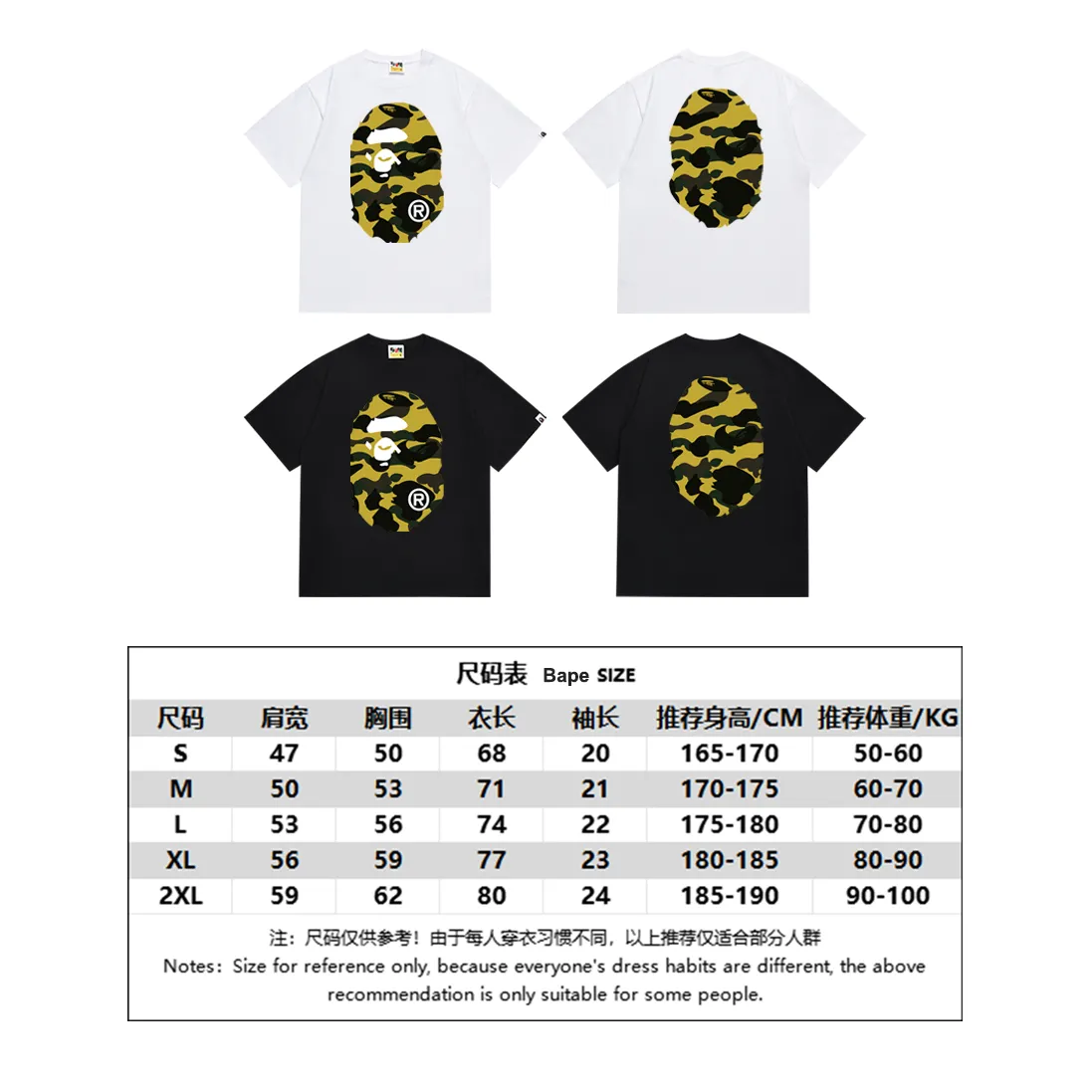 P110 SC060# (top version) BAPE double-sided camouflage ape head printed short-sleeved T-shirt Made of 260 grams of high-quality high-weave pure cotton fabric, double yarn combed, soft texture and no pilling Imported environmentally friendly printing glue, bright and three-dimensional pattern, quality 💥unisex style, the upper body is fashionable Color: white camouflage black camouflage white yellow black yellow white green black green white purple black purple white red black red Size: S M L XL XXL