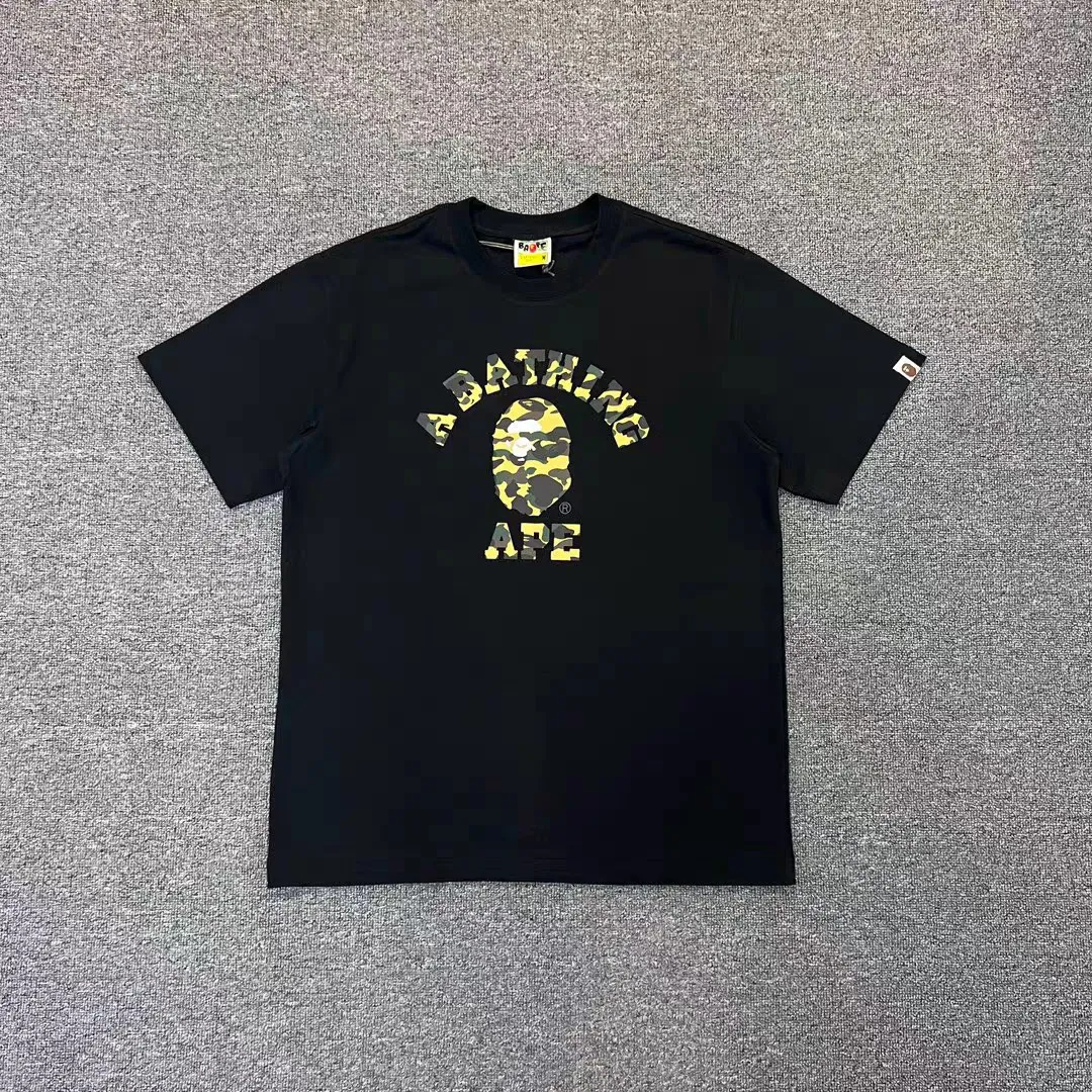 P110 001091 BAPE camouflage ape head print round neck short-sleeved T-shirt, same style for men and women, size smlxlxxl, black and green camouflage, white and green camouflage, black and yellow camouflage, white and yellow camouflage