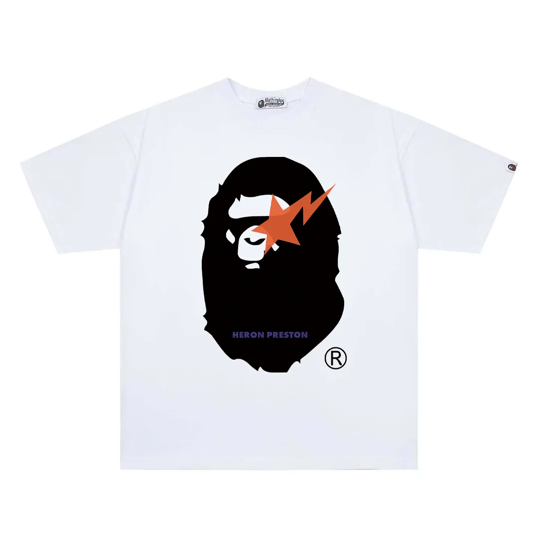 P110 00192 high-quality pure cotton 260g fabric, BAPE ape head digital direct-printed short-sleeved T-shirt, complete with three labels, same style for men and women, loose and large version, size s: MLXLXXL, color: black, white