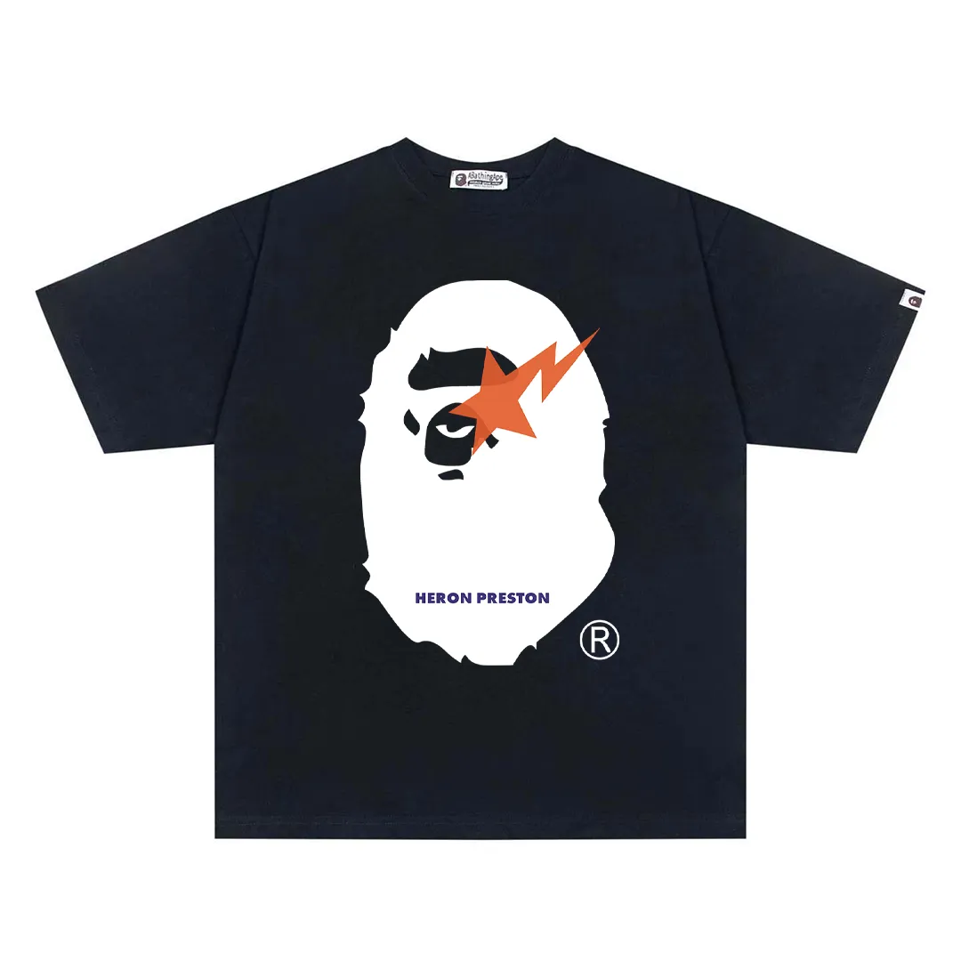 P110 00192 high-quality pure cotton 260g fabric, BAPE ape head digital direct-printed short-sleeved T-shirt, complete with three labels, same style for men and women, loose and large version, size s: MLXLXXL, color: black, white
