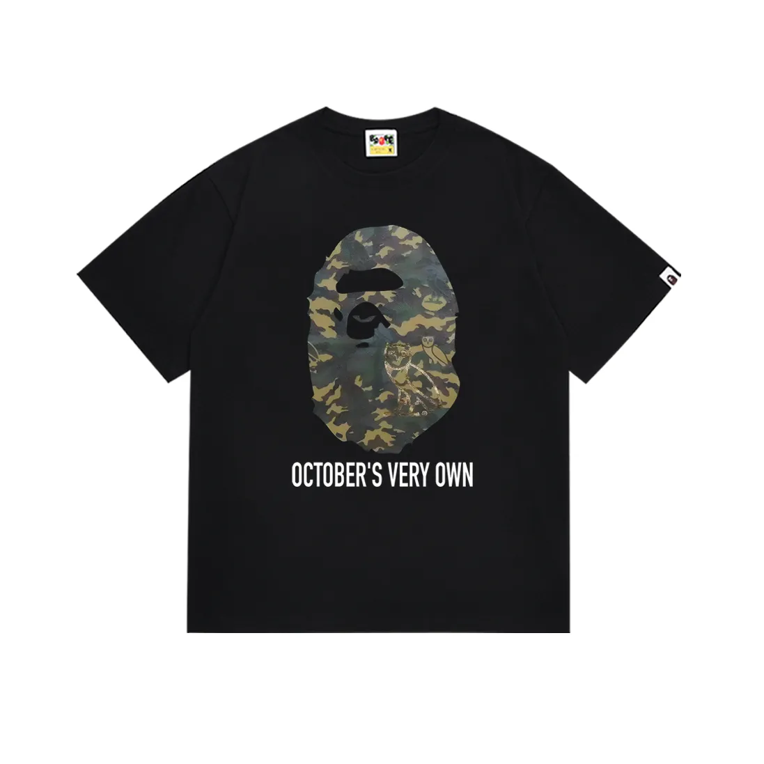 P110 SC016# (top version) Bape ape head co-branded bronzing owl camouflage print couple Japanese fashion brand youth popular short-sleeved T-shirt Made of 260 grams of high-quality high-weave pure cotton fabric, double yarn combed, soft texture and no pilling Imported environmentally friendly printing glue The pattern is bright and three-dimensional Quality 💥Same style for men and women The upper body is trendy Color: black white Size: S M L XL XXL
