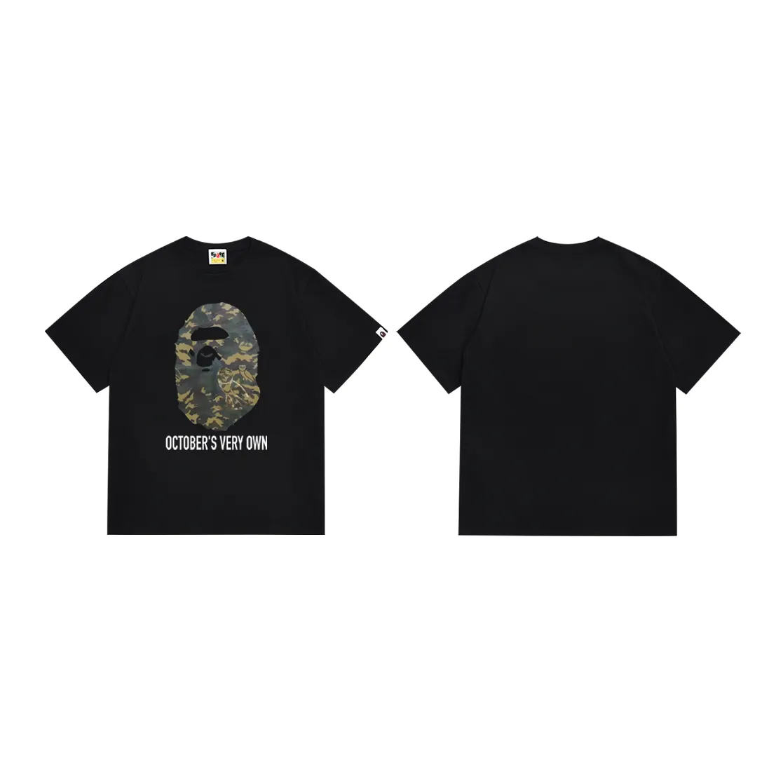 P110 SC016# (top version) Bape ape head co-branded bronzing owl camouflage print couple Japanese fashion brand youth popular short-sleeved T-shirt Made of 260 grams of high-quality high-weave pure cotton fabric, double yarn combed, soft texture and no pilling Imported environmentally friendly printing glue The pattern is bright and three-dimensional Quality 💥Same style for men and women The upper body is trendy Color: black white Size: S M L XL XXL
