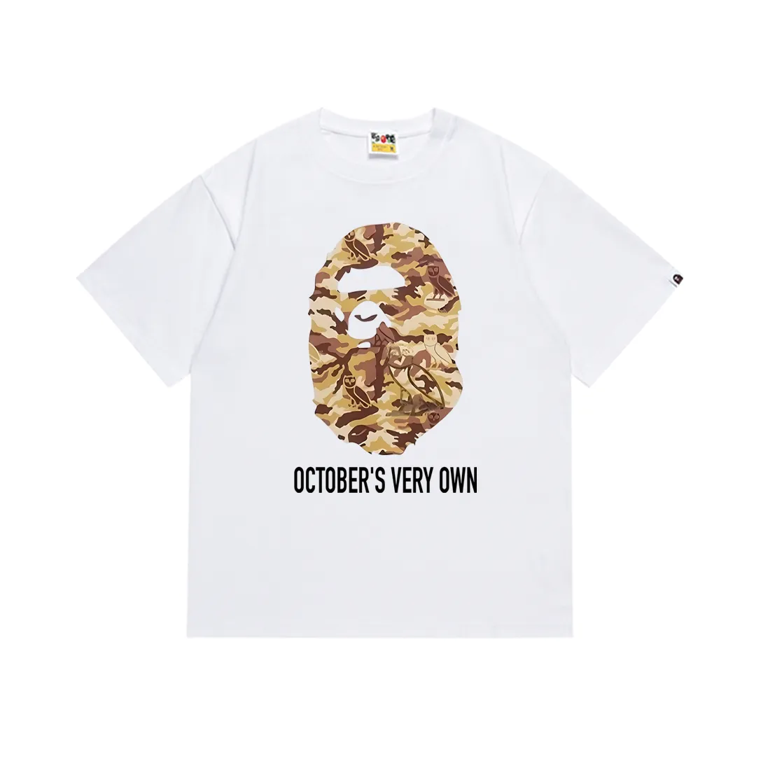 P110 SC016# (top version) Bape ape head co-branded bronzing owl camouflage print couple Japanese fashion brand youth popular short-sleeved T-shirt Made of 260 grams of high-quality high-weave pure cotton fabric, double yarn combed, soft texture and no pilling Imported environmentally friendly printing glue The pattern is bright and three-dimensional Quality 💥Same style for men and women The upper body is trendy Color: black white Size: S M L XL XXL