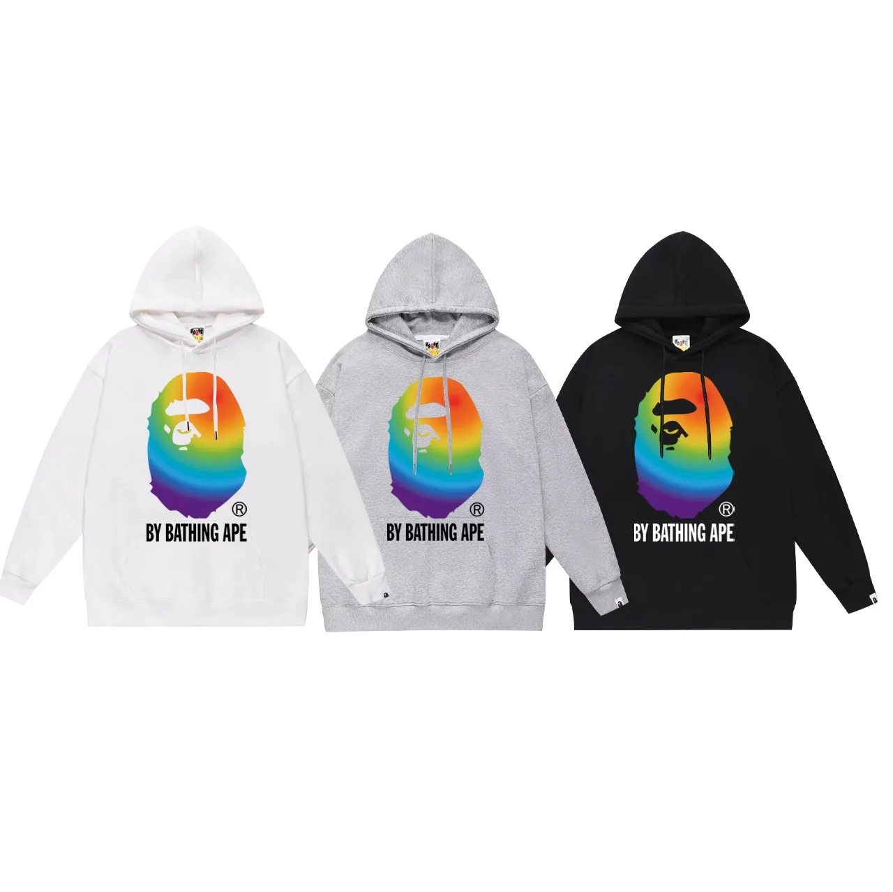 Model No. SC682#terry p160 plus velvet p180💰 (top version) BAPE colorful ape head letter printed hooded sweatshirt. Made of 380g large terry 430g silver fox velvet (drop shoulder large version) fabric. The texture is soft and non-pilling. Imported environmentally friendly printing glue. The pattern is bright and three-dimensional. Quality💥Same style for men and women. The upper body is trendy. Color: black white gray Size: S M L XL XXL