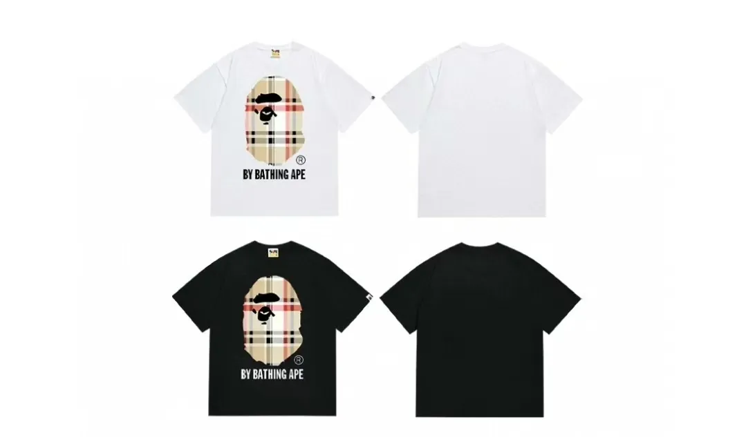 P110 001028 A BATHING APE Bape SS23 ape print round neck pullover short-sleeved T-shirt, same style for men and women, size smlxlxxl, black and white