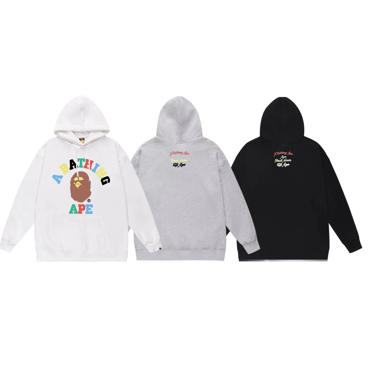 P190 model number SC613# terry 85 plus velvet 95 (top version) BAPE ape head colorful letter printed hooded sweatshirt. Made of 380g large terry 430g silver fox velvet (drop shoulder large version) fabric. The texture is soft and non-pilling. Imported environmentally friendly printing glue. The pattern is bright and three-dimensional. Quality💥Same style for men and women. The upper body is trendy. Color: black white gray Size: S M L XL XXL