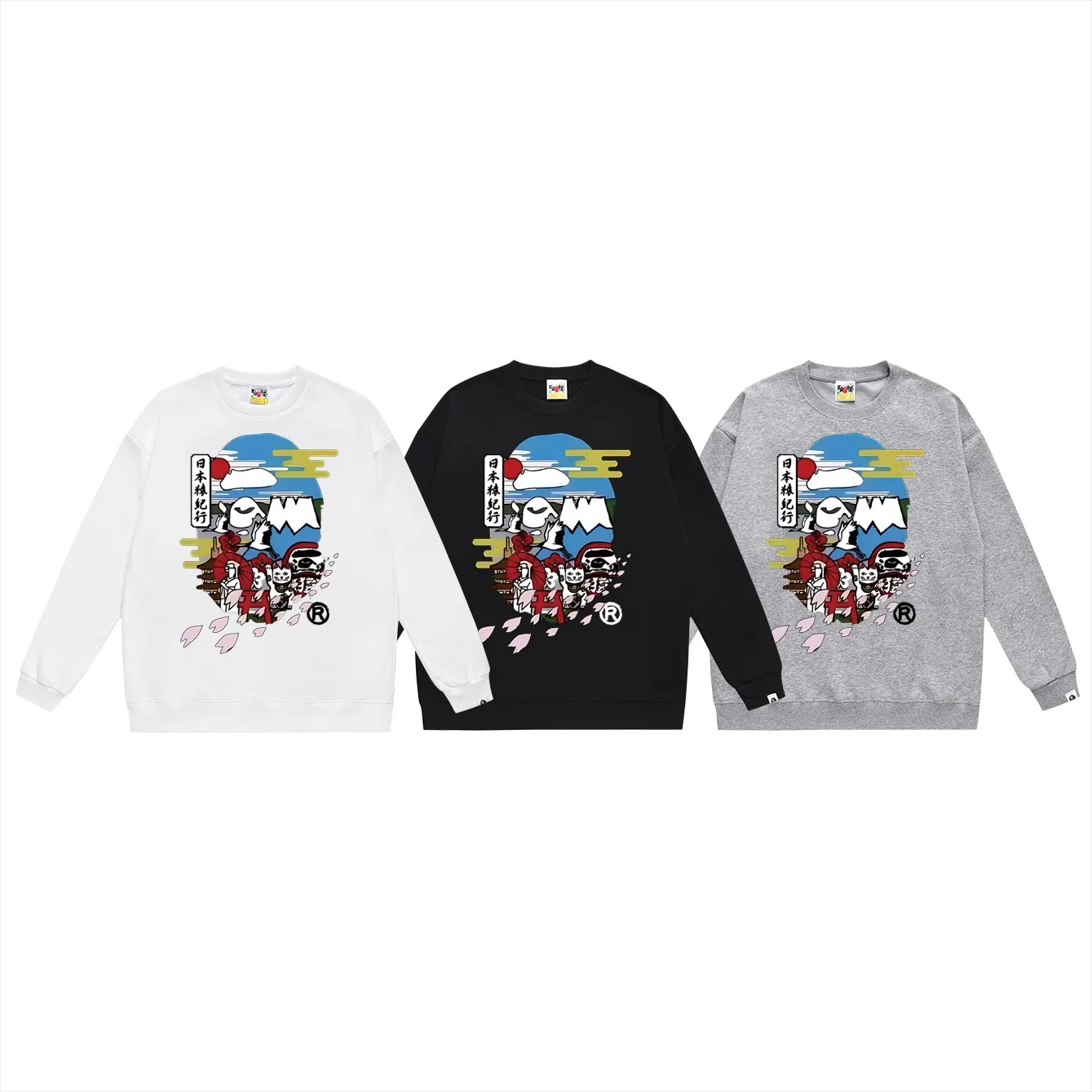 P150 model number SC465# terry 75 plus velvet 80 (top version) BAPE Japan Monkey Chronicles Monkey Money Cat Printed Round Neck Sweater Made of 350g large terry (drop shoulder large version) fabric, soft texture and no pilling. Imported environmentally friendly printing glue, bright and three-dimensional pattern, quality 💥Same style for men and women. The upper body is trendy. Color: Black White Gray Size: S M L XL XXL