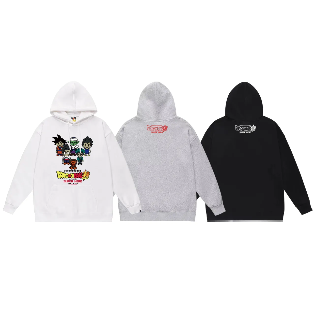 P160 model number SC785# terry 80 plus velvet 90 (top version) BAPE MILO×Dragon Ball Super SUPER HERO printed hooded sweatshirt Made of 380g large terry (drop shoulder large version) fabric, soft texture and no pilling Imported environmentally friendly printing glue The pattern is bright and three-dimensional Quality 💥Same style for men and women The upper body is trendy Color: black white gray Size: S M L XL XXL