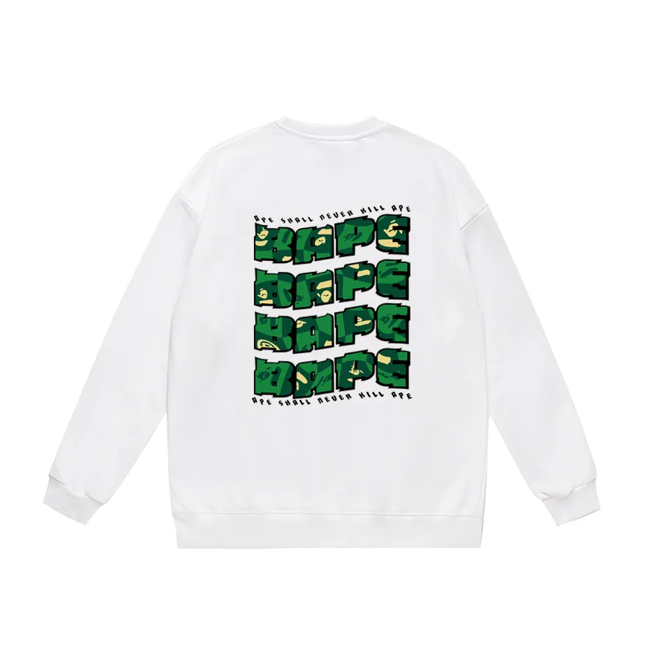 P170 model number SC319# terry 80 plus velvet 85 (top version) BAPE ape head letter printed round neck sweatshirt Made of 350g large terry (drop shoulder large version) fabric, soft and non-pilling, imported environmentally friendly printing glue, bright and three-dimensional pattern, quality 💥Same style for men and women, the upper body is fashionable Color: black white gray Size: S M L XL XXL